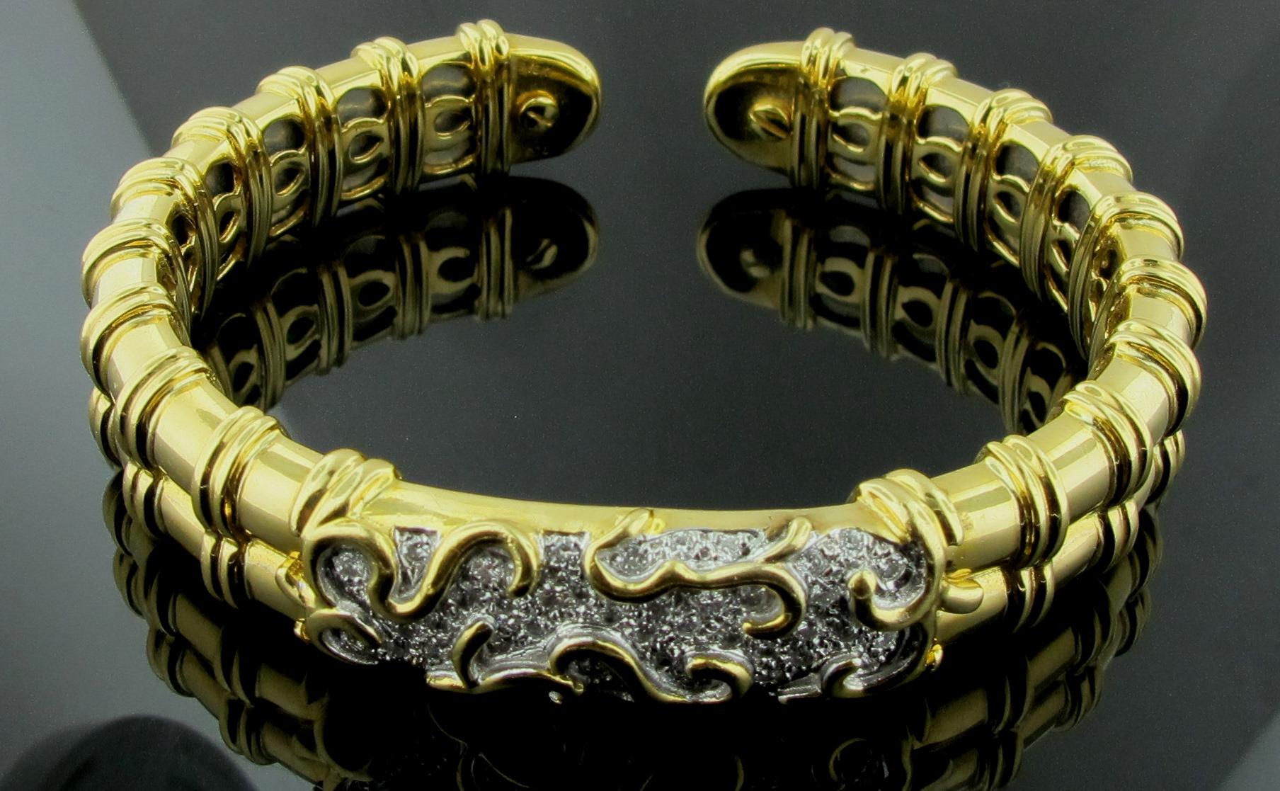 Women's or Men's 18 Karat Yellow Gold and Diamond Cuff Bracelet