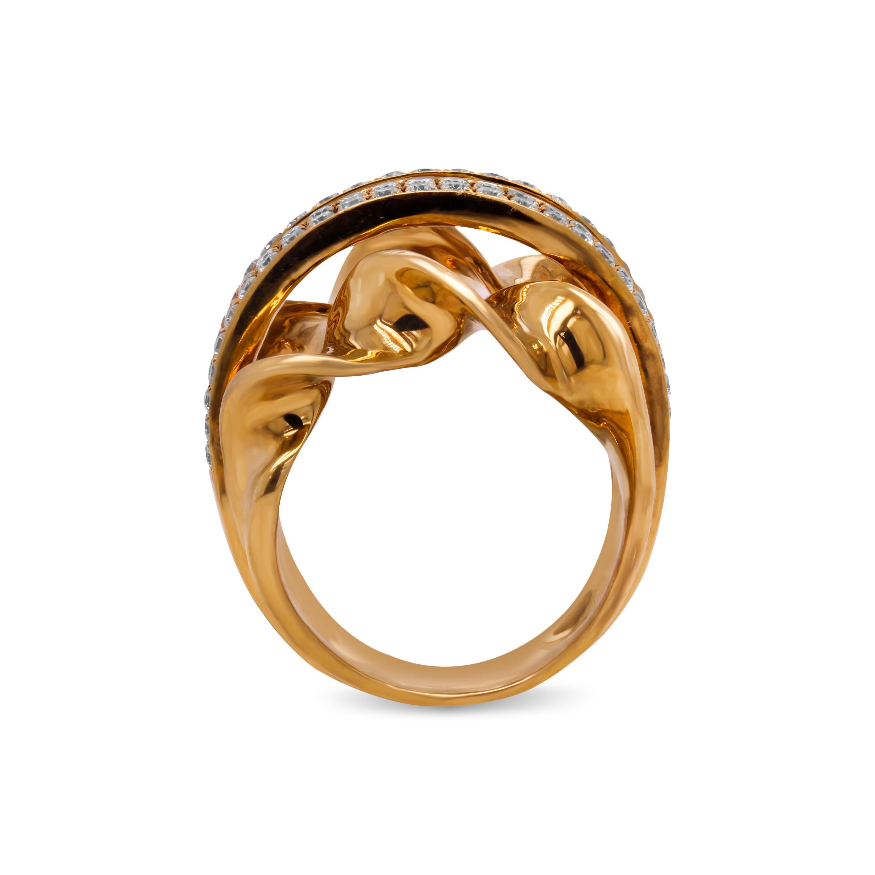 18 Karat Gelbgold Diamond Curved Style Wide Ring

Ca. 1,29 Karat G-F Farbe, VVS-VS Reinheit Diamanten Gesamtgewicht

Die Ringfläche misst 20 mm. Größe 6,50. Größe auf Anfrage.