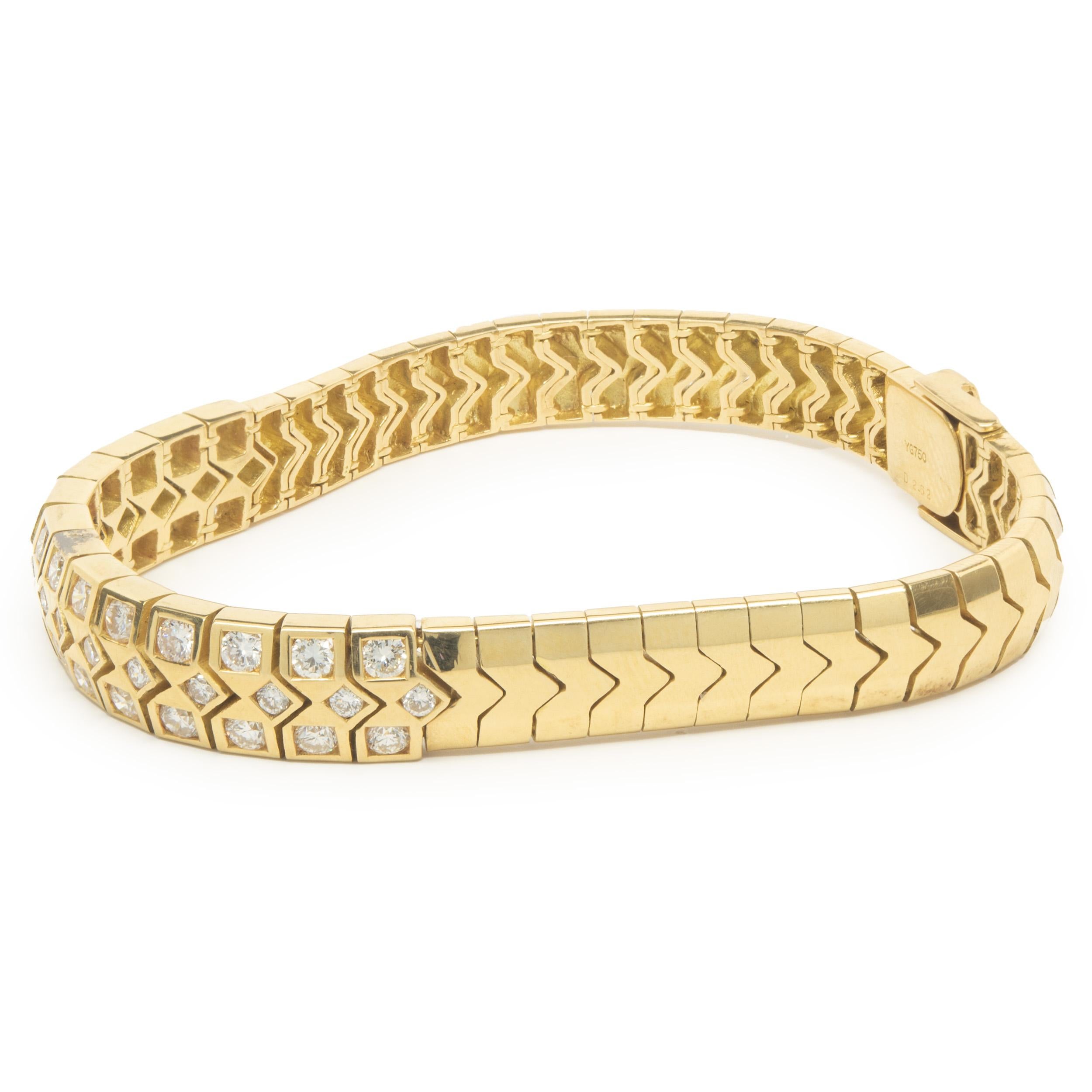 Material: 18K yellow gold
Diamonds:  40 round brilliant cut = 2.62cttw
Color: F
Clarity: VS1-2
Dimensions: bracelet will fit up to a 6.5-inch wrist 
Weight: 37.25 grams