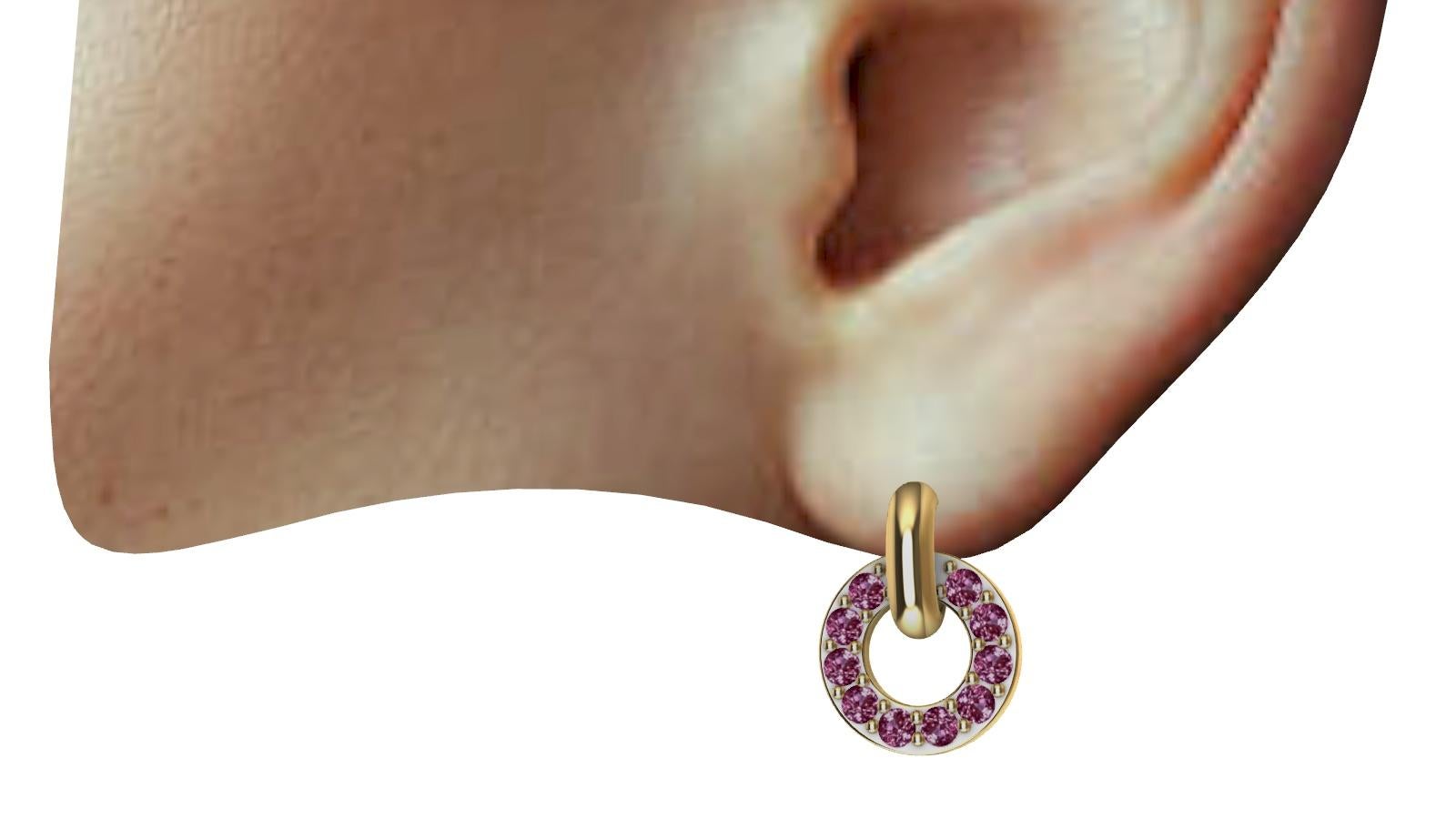  18 Karat Yellow Gold Diamond Cut Pink Sapphires Petite Dangle Earrings, These are petite. The hoop earring 14mm x 10.5 mm diameter. Tiny but mighty. All day elegance, day into evening no problem.  These are Pink sapphires , diamond cut  2.0 mm ,