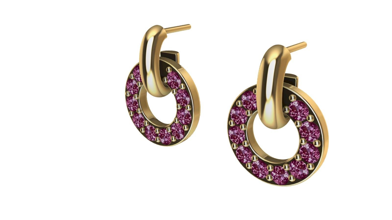 Contemporary 18 Karat Yellow Gold Diamond Cut Pink Sapphires Petite Dangle Earrings For Sale