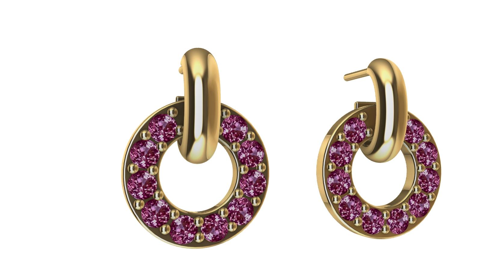 Round Cut 18 Karat Yellow Gold Diamond Cut Pink Sapphires Petite Dangle Earrings For Sale