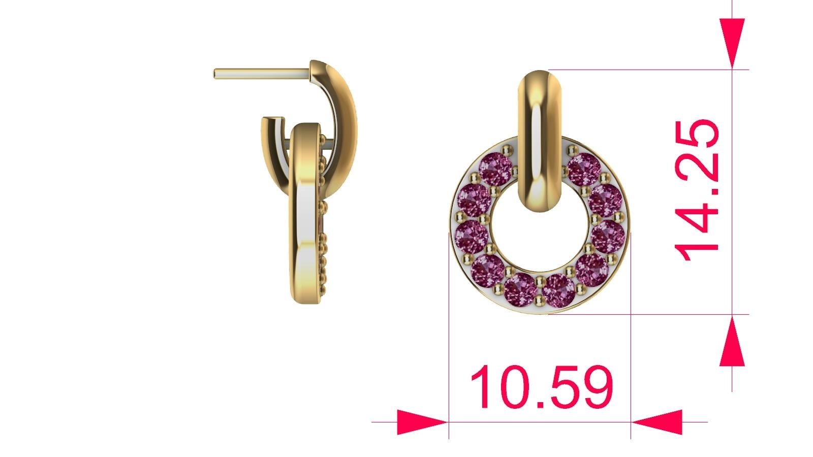 Women's 18 Karat Yellow Gold Diamond Cut Pink Sapphires Petite Dangle Earrings For Sale