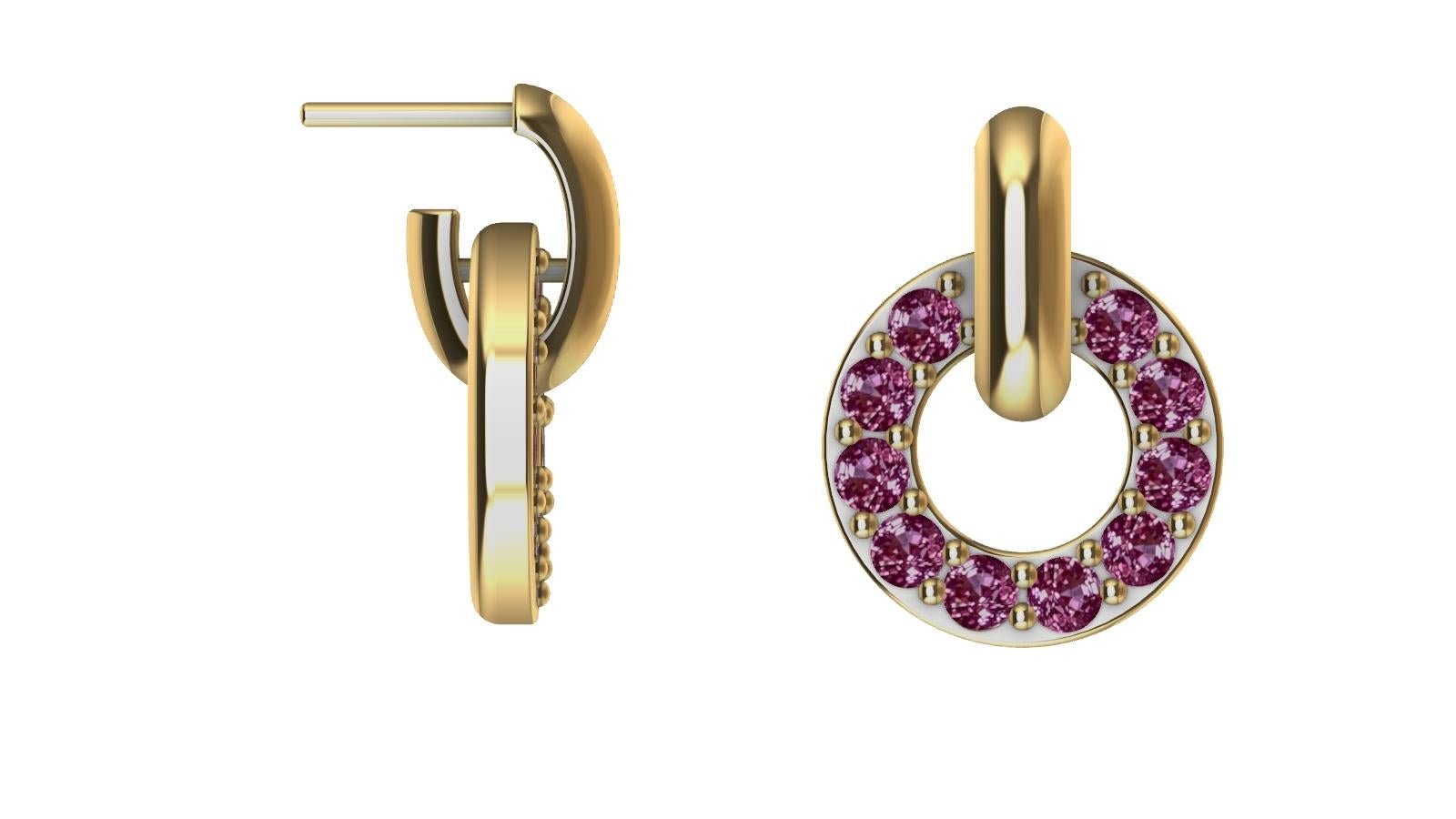 Petites boucles d'oreilles pendantes en or jaune 18 carats avec saphirs roses taille diamant en vente 1