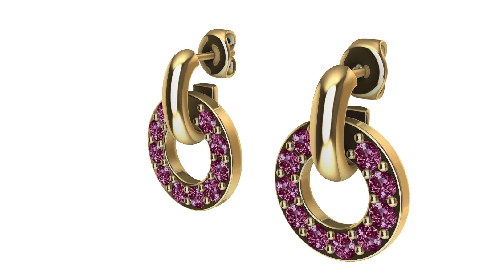 Petites boucles d'oreilles pendantes en or jaune 18 carats avec saphirs roses taille diamant en vente 2
