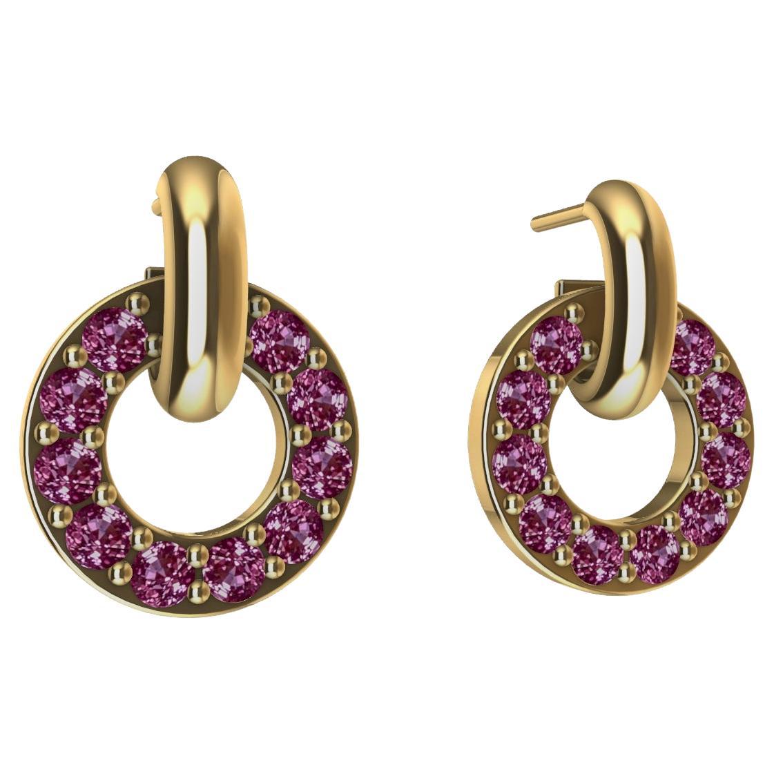 Petites boucles d'oreilles pendantes en or jaune 18 carats avec saphirs roses taille diamant en vente