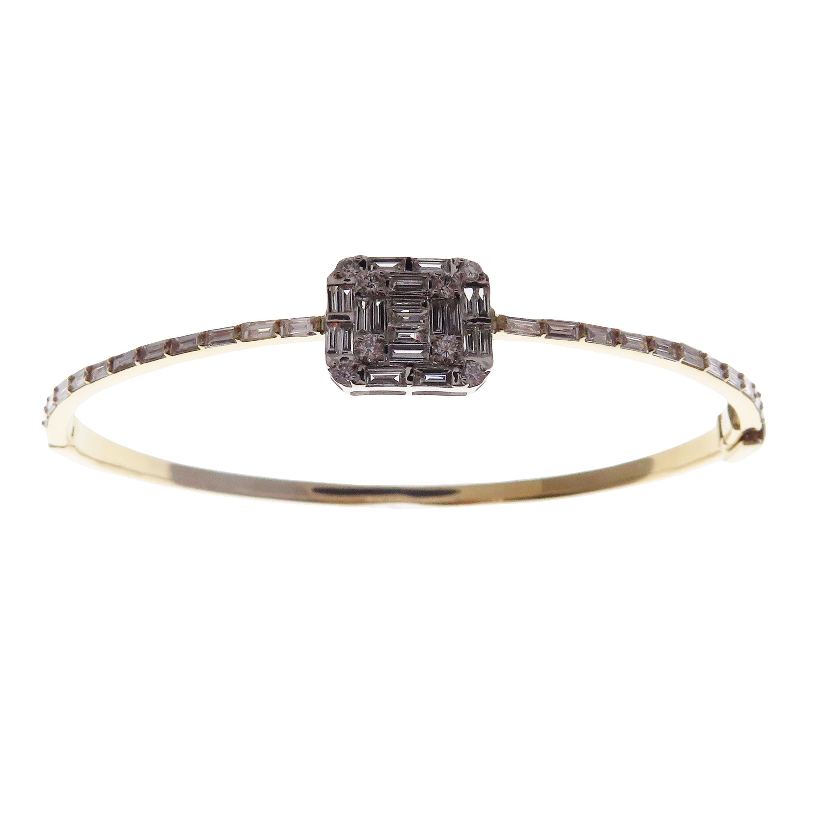 Baguette Cut 18 Karat Yellow Gold Diamond Delicate Baguette Square Bangle Bracelet For Sale