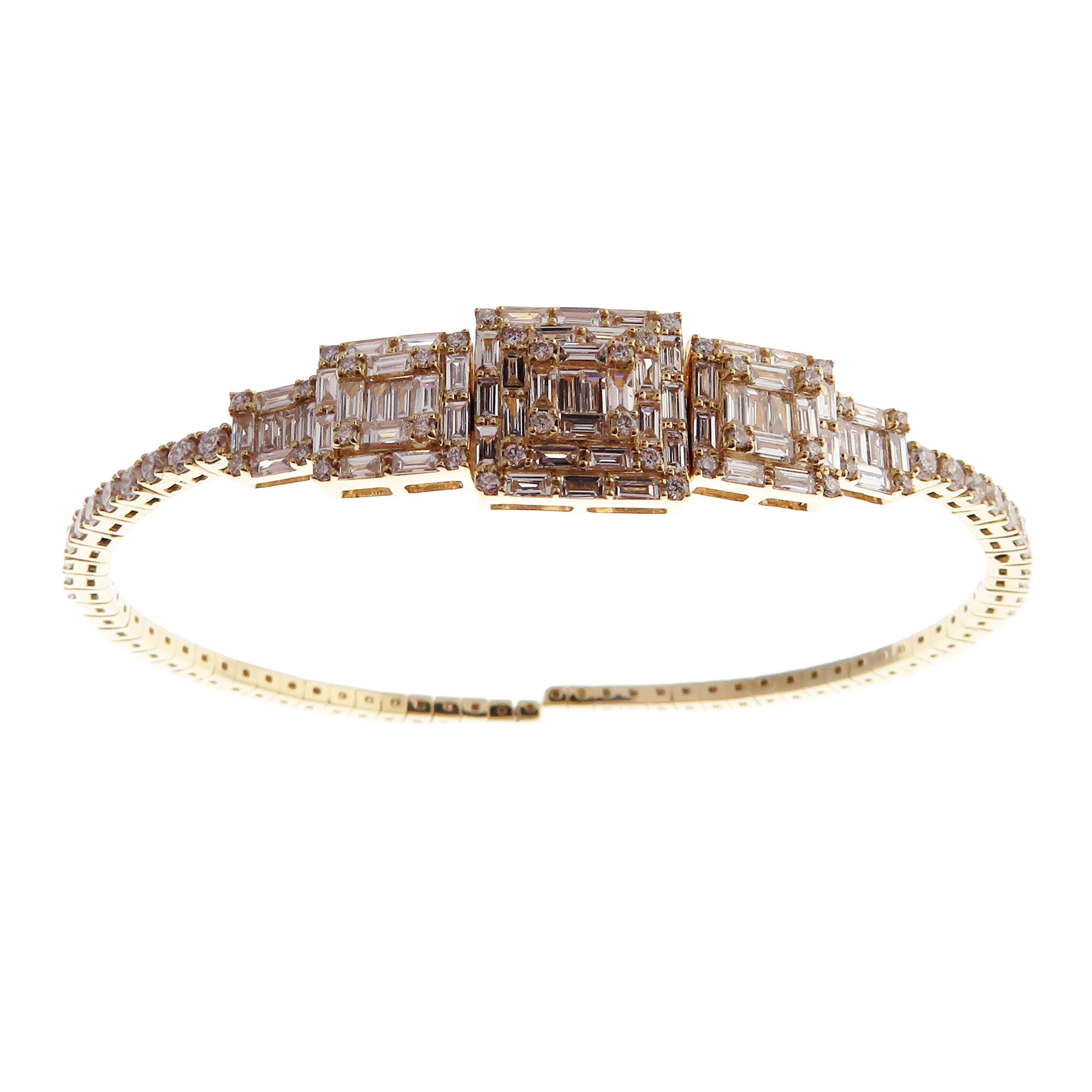 Baguette Cut 18 Karat Yellow Gold Diamond Delicate Baguette Square Bangle Bracelet