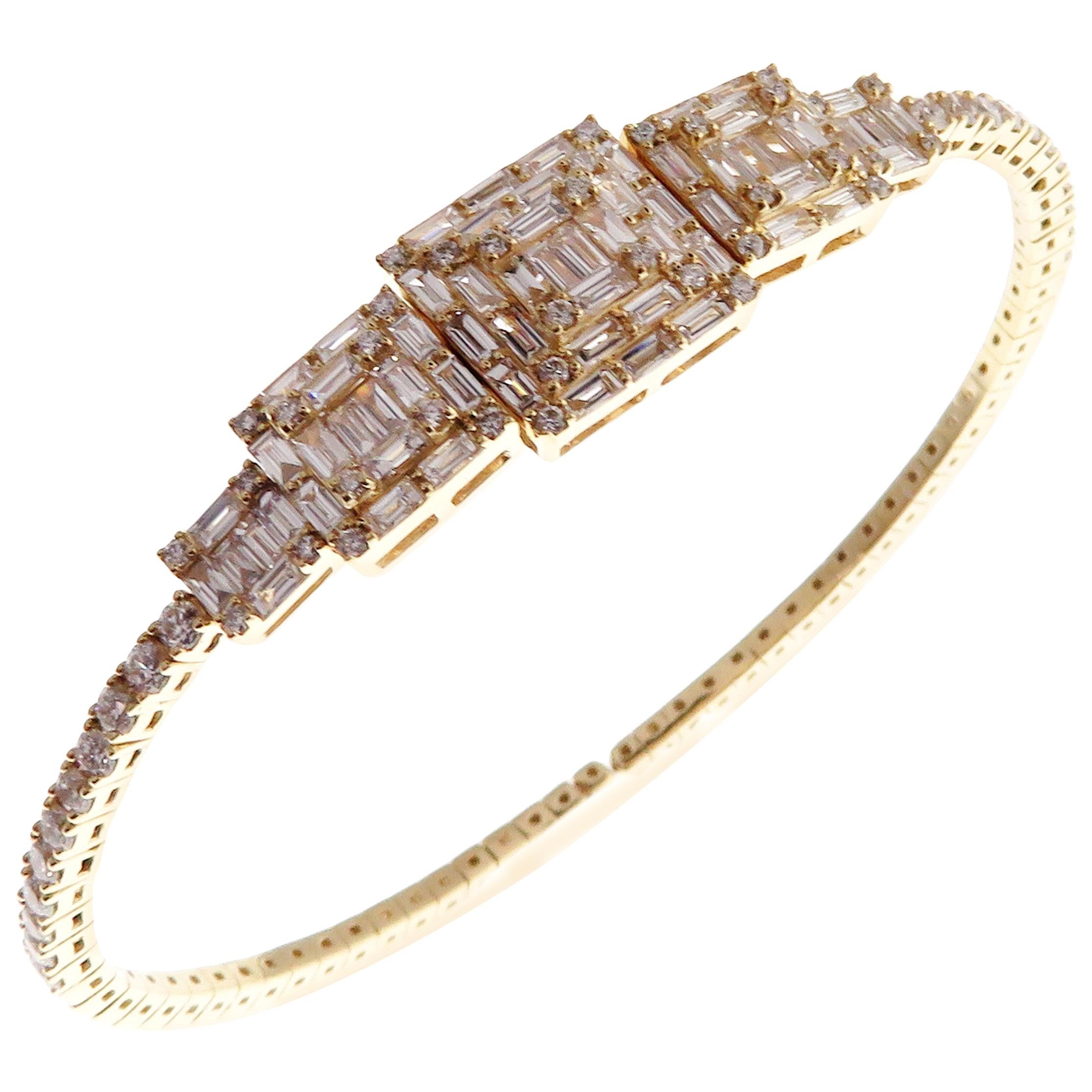 18 Karat Yellow Gold Diamond Delicate Baguette Square Bangle Bracelet