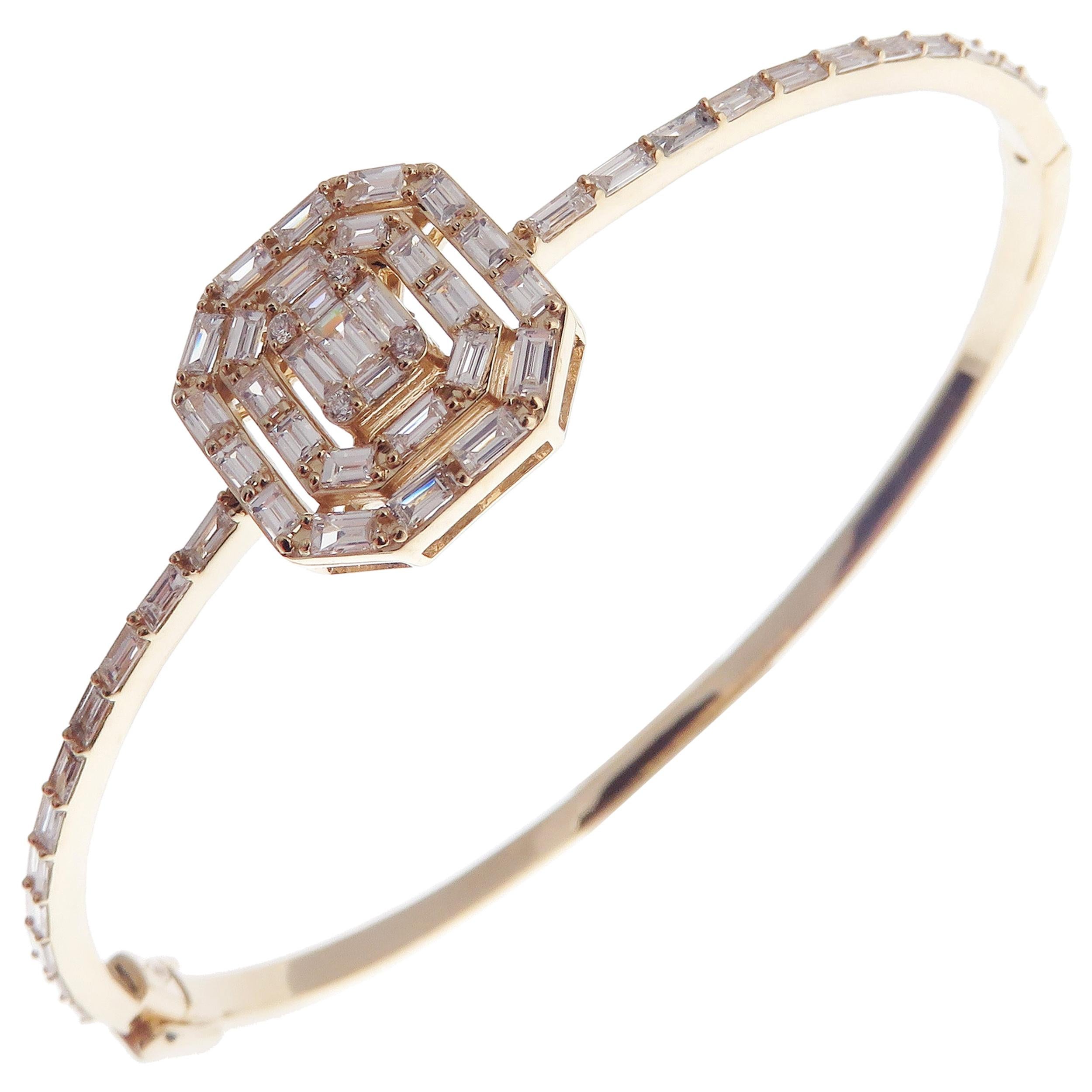 18 Karat Yellow Gold Diamond Delicate Square Baguette Bangle Bracelet