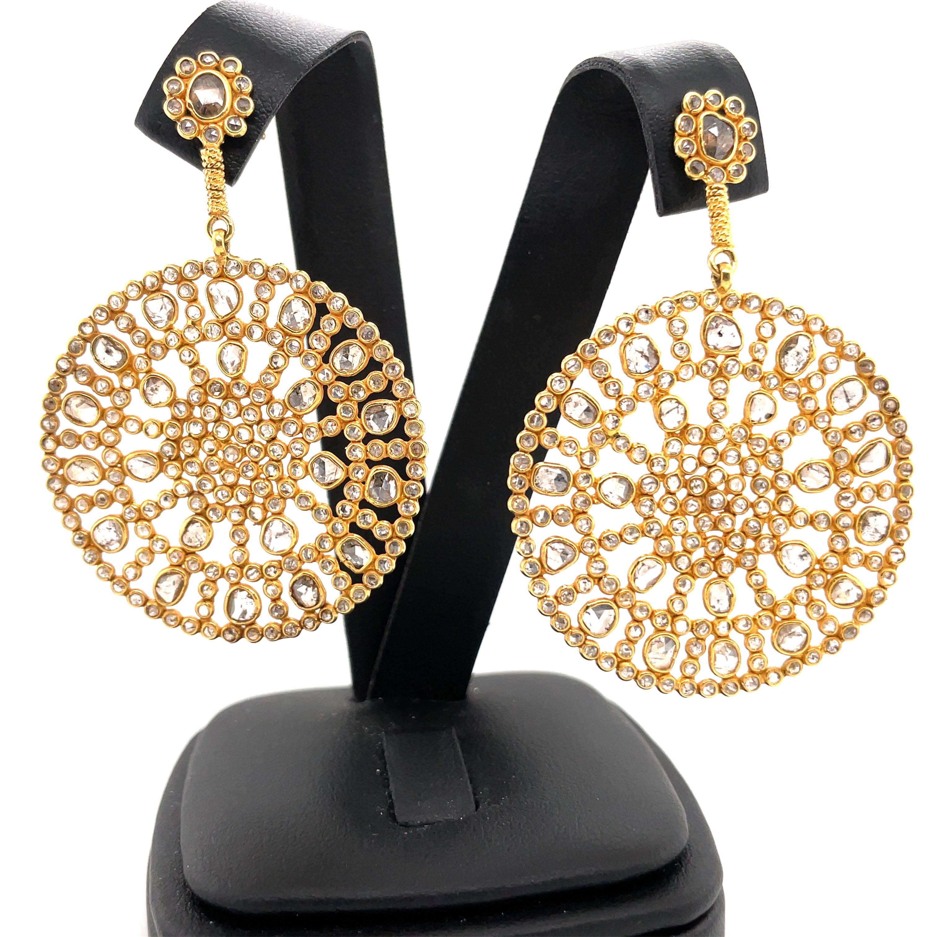 Contemporary Large 18 Karat Yellow Gold Diamond Sliced Disc Drop Earrings 11 Carats For Sale