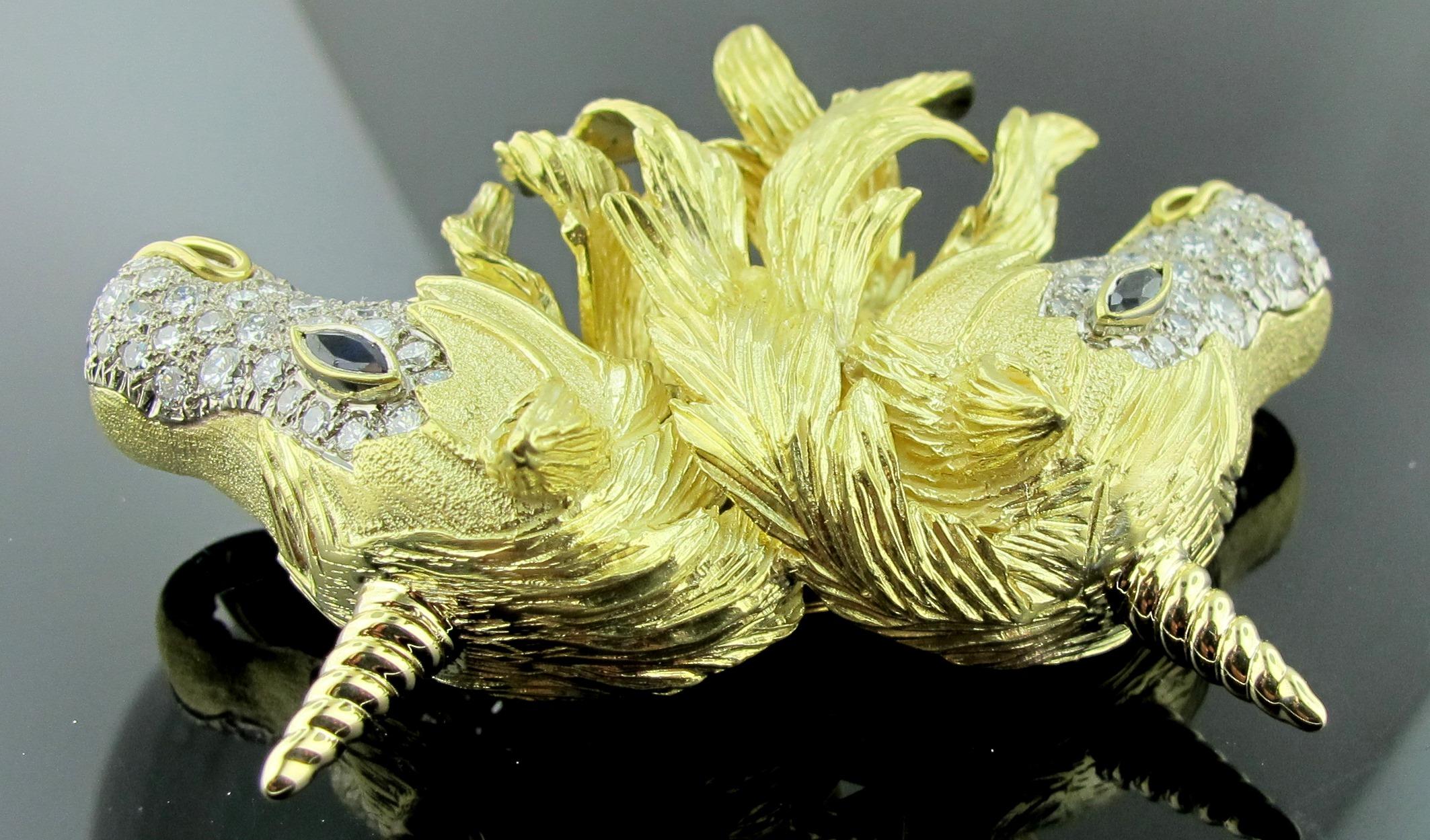 Broche/collier à double licorne en or jaune 18 carats et diamants en vente 2