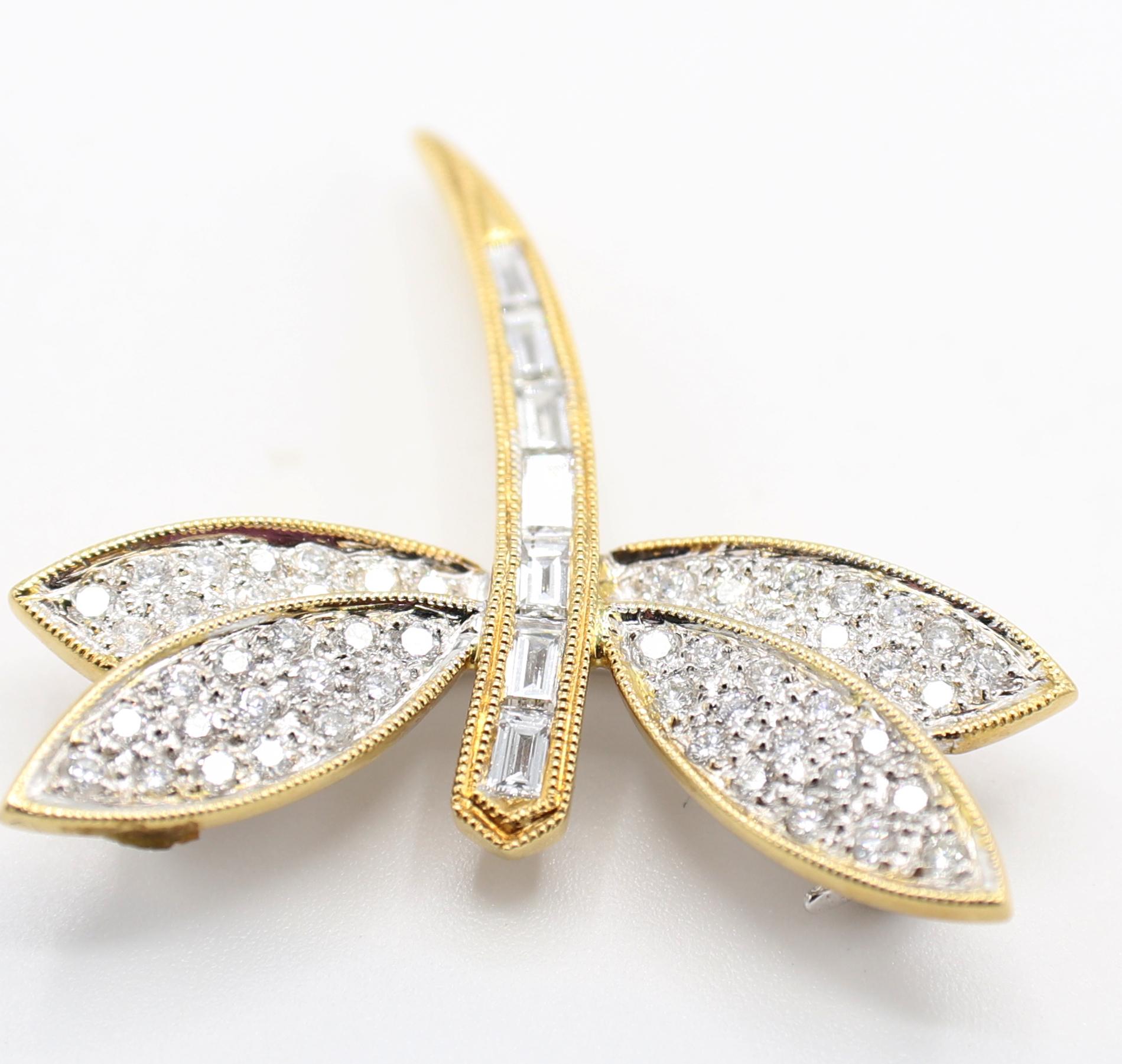 18 Karat Yellow Gold & Diamond Dragonfly Pin Brooch 
Metal: 18k yellow gold, 750
Weight: 4.10 grams
Diamonds: Approx. .75 CTW G-VS round & baguette diamonds 
Length: 25.5mm
Width: 29.5mm
