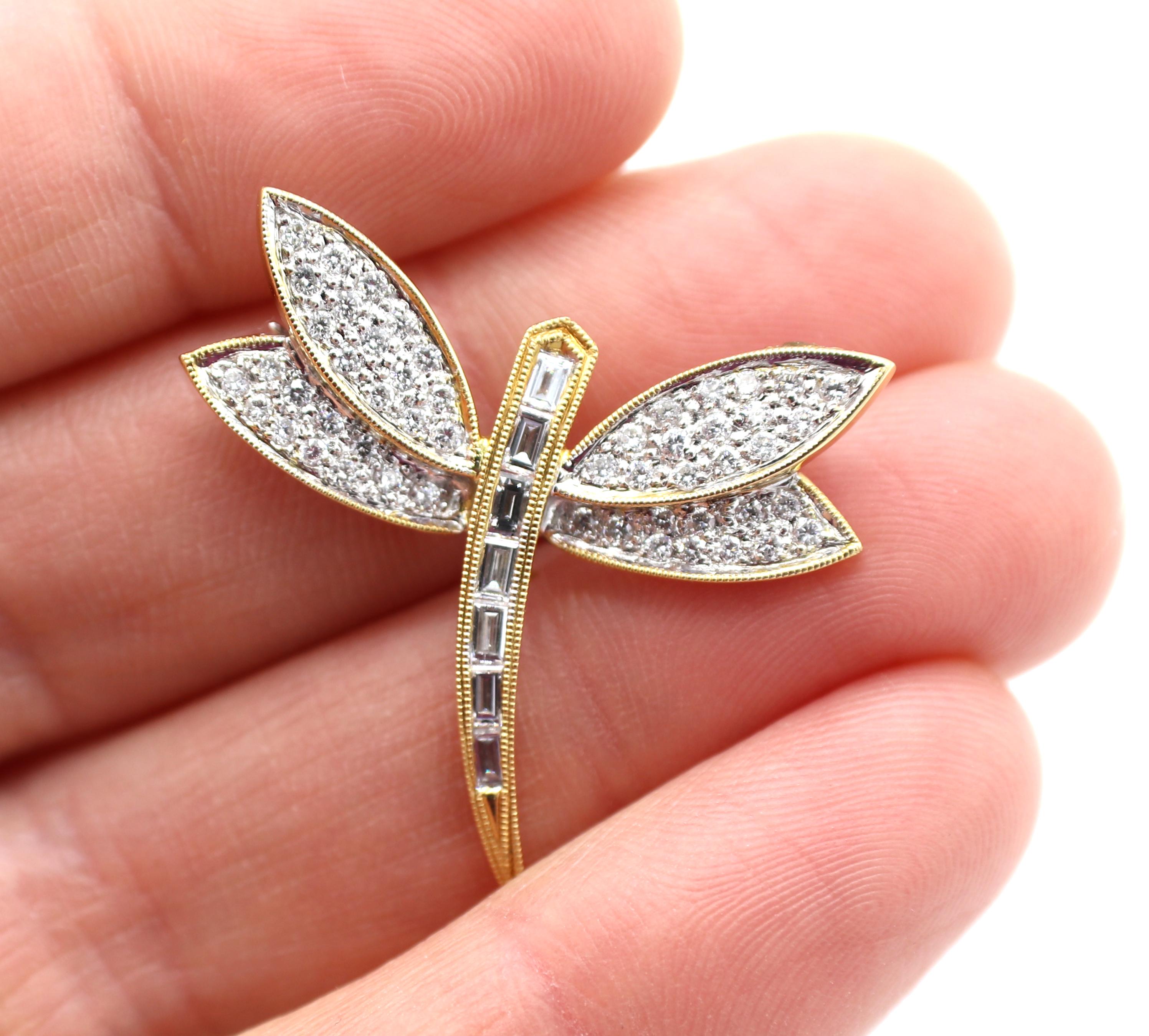 18 Karat Yellow Gold & Diamond Dragonfly Pin Brooch In Excellent Condition In  Baltimore, MD