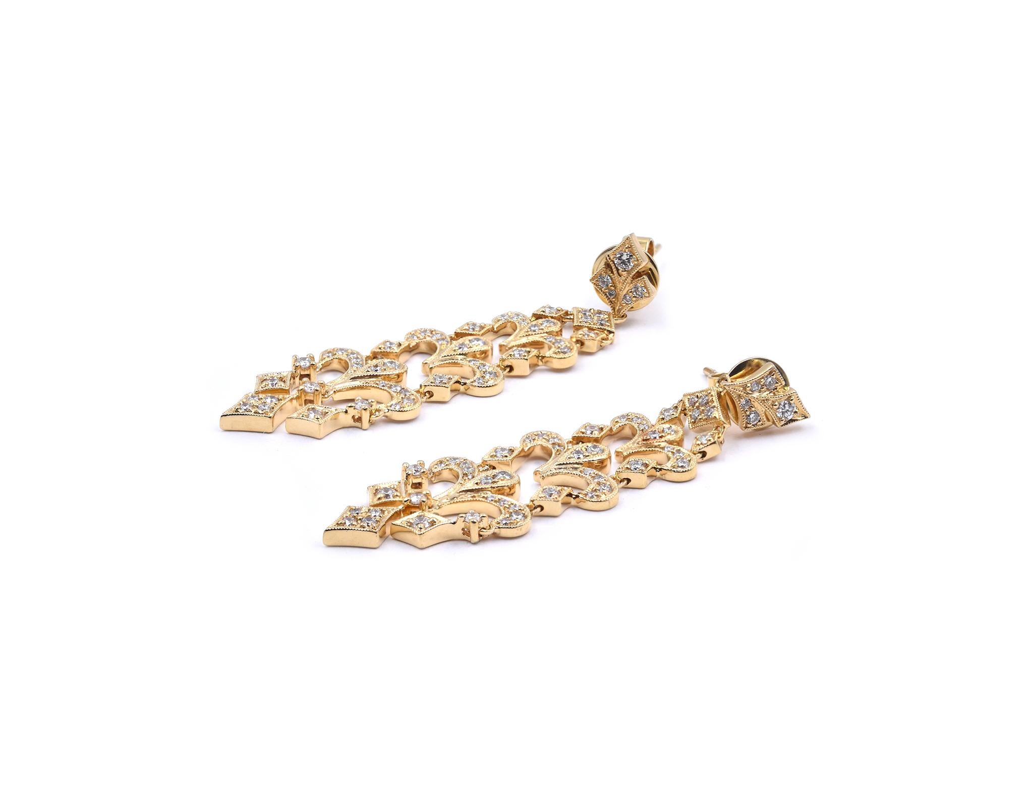 Material: 18K yellow gold
Diamonds: 108 round cut = 1.05cttw
Color:  G
Clarity: VS
Dimensions: earrings measure 49.5 X 14.4mm
Weight: 10.36 grams
