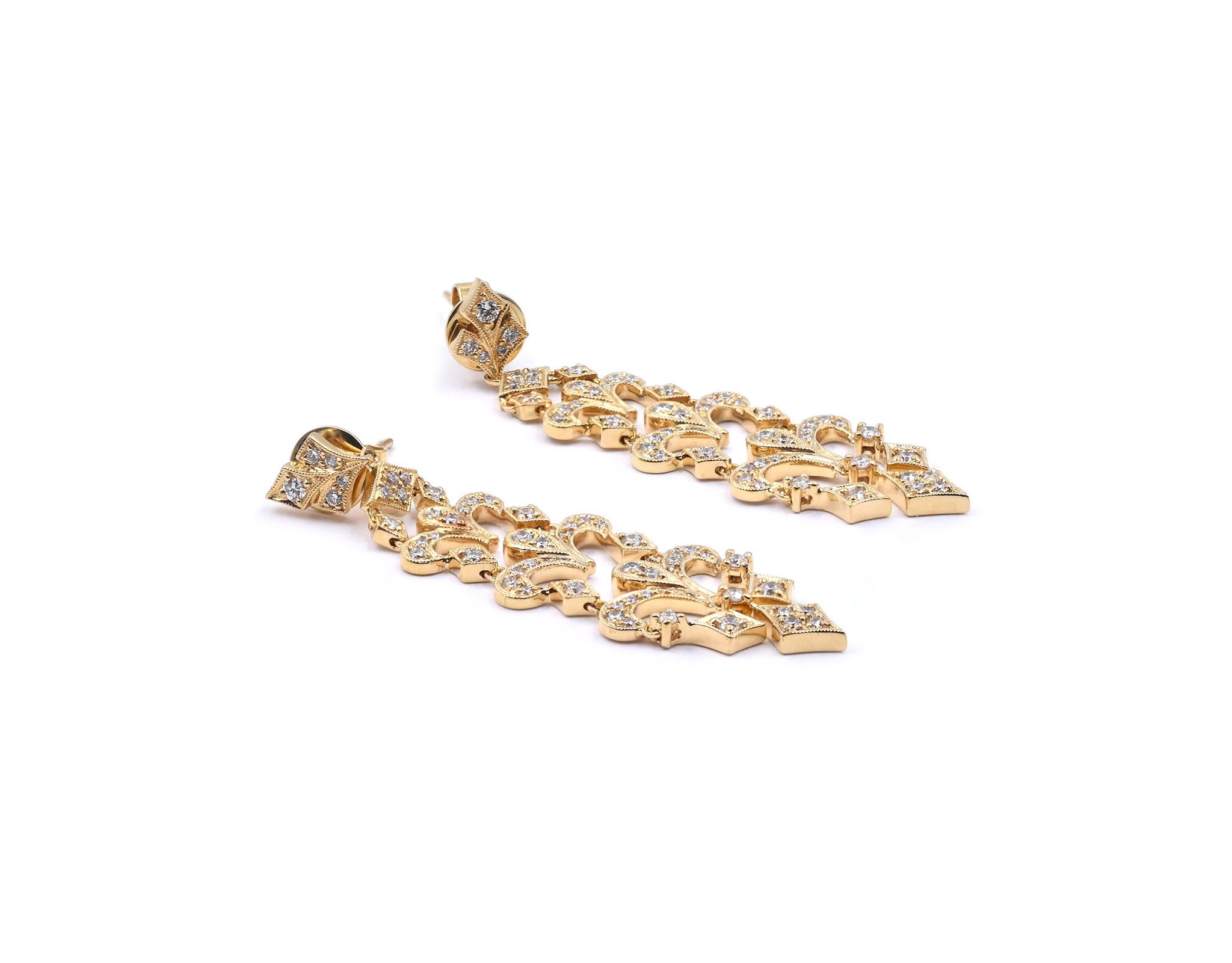 Round Cut 18 Karat Yellow Gold Diamond Drop Earrings