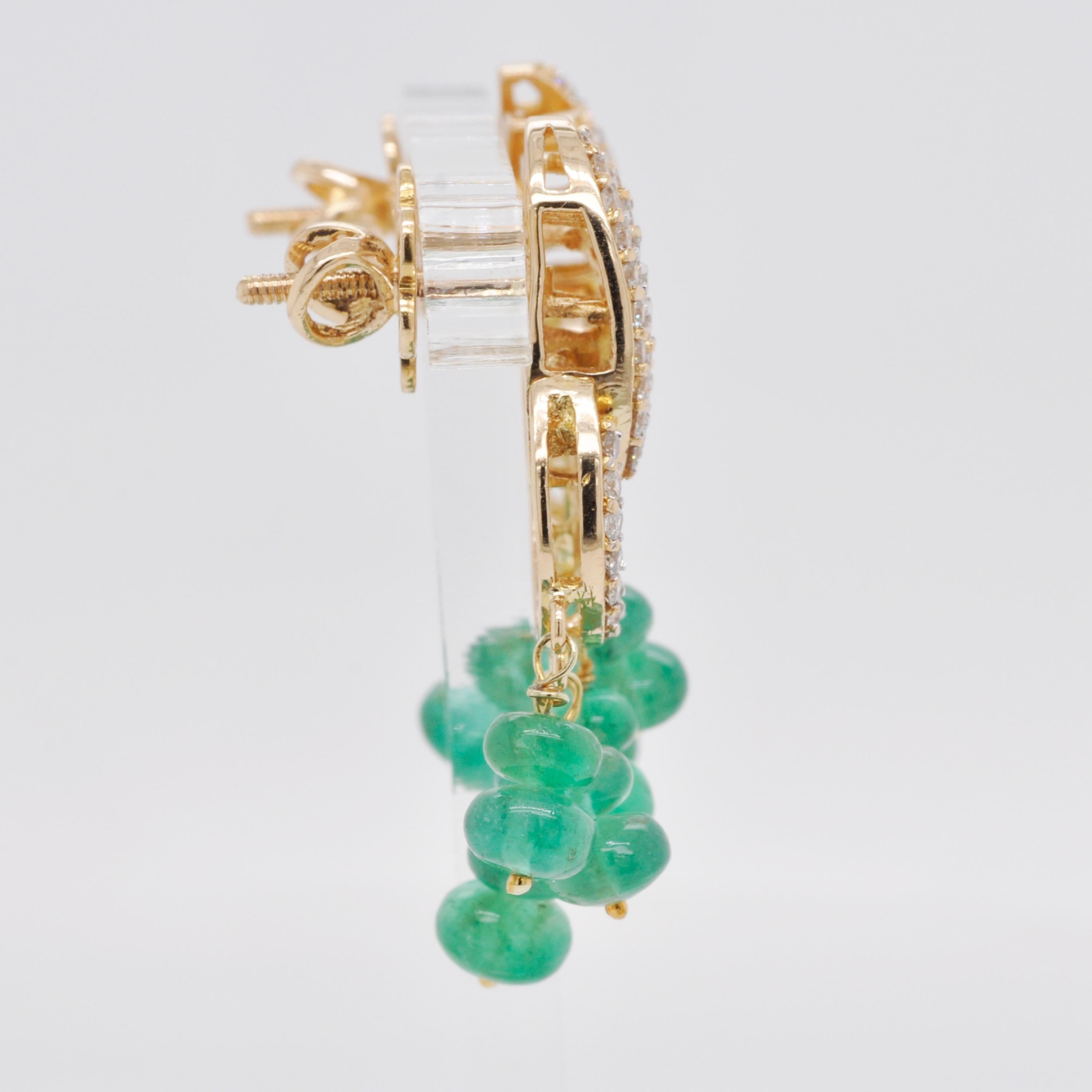 18 Karat Yellow Gold Diamond Emerald Beads Pendant Necklace Dangle Earrings Set For Sale 7