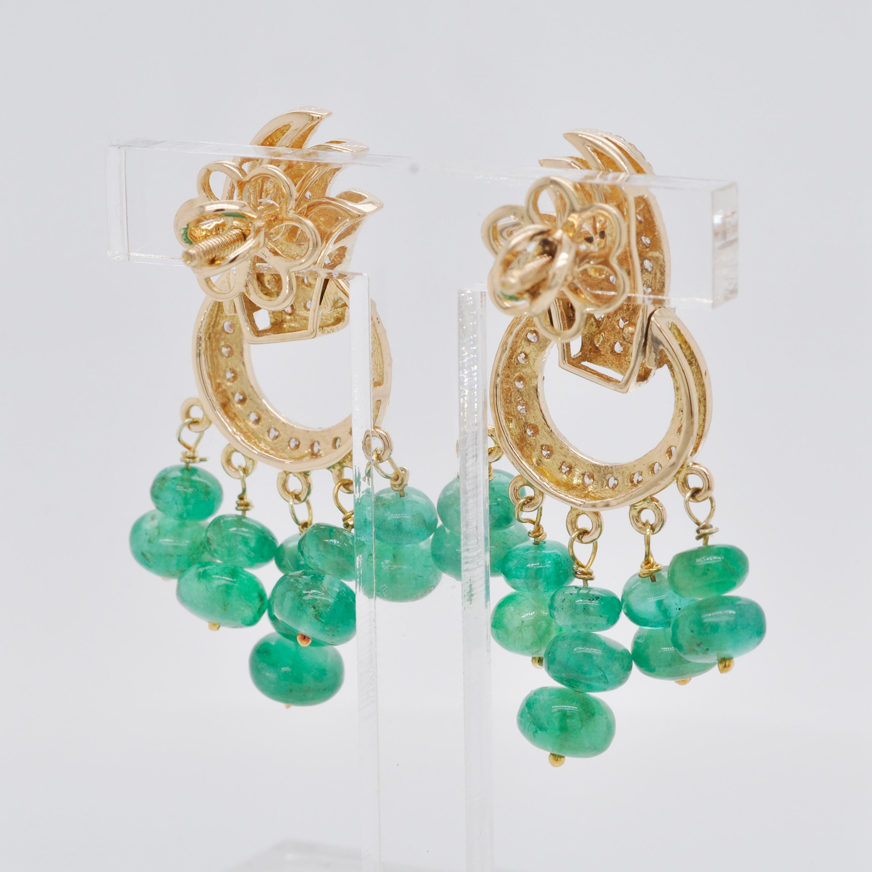 18 Karat Yellow Gold Diamond Emerald Beads Pendant Necklace Dangle Earrings Set For Sale 8