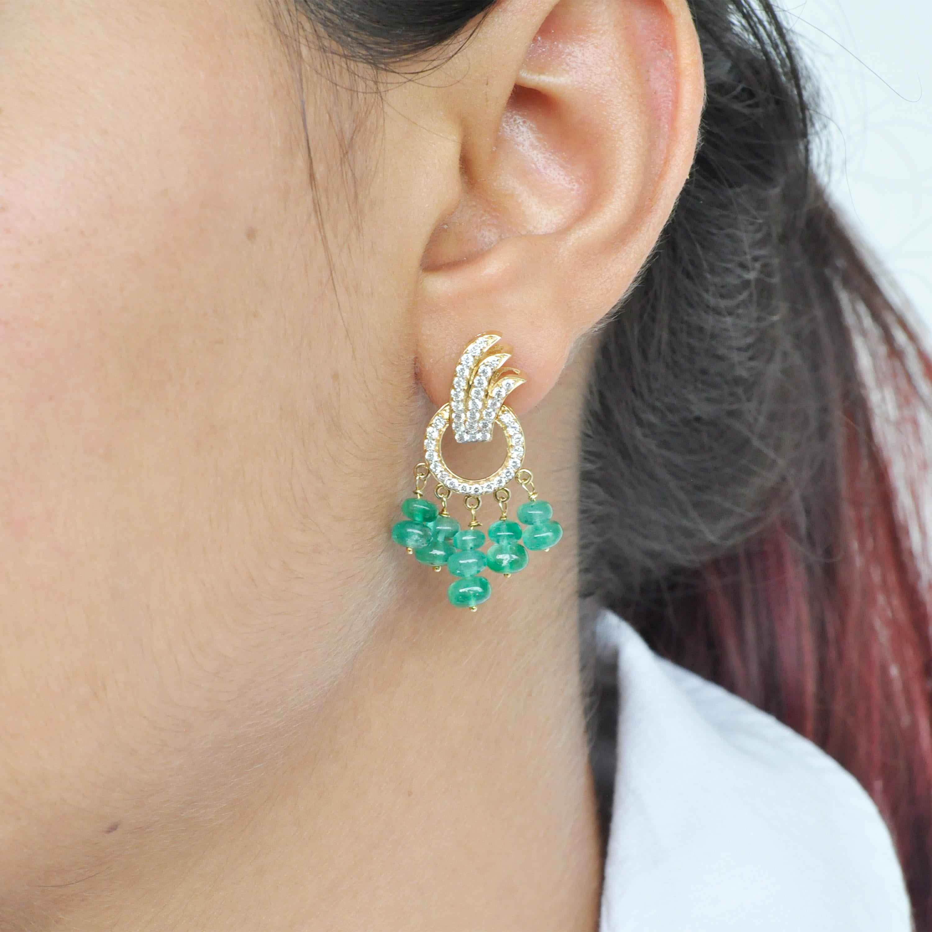 18 Karat Yellow Gold Diamond Emerald Beads Pendant Necklace Dangle Earrings Set For Sale 12