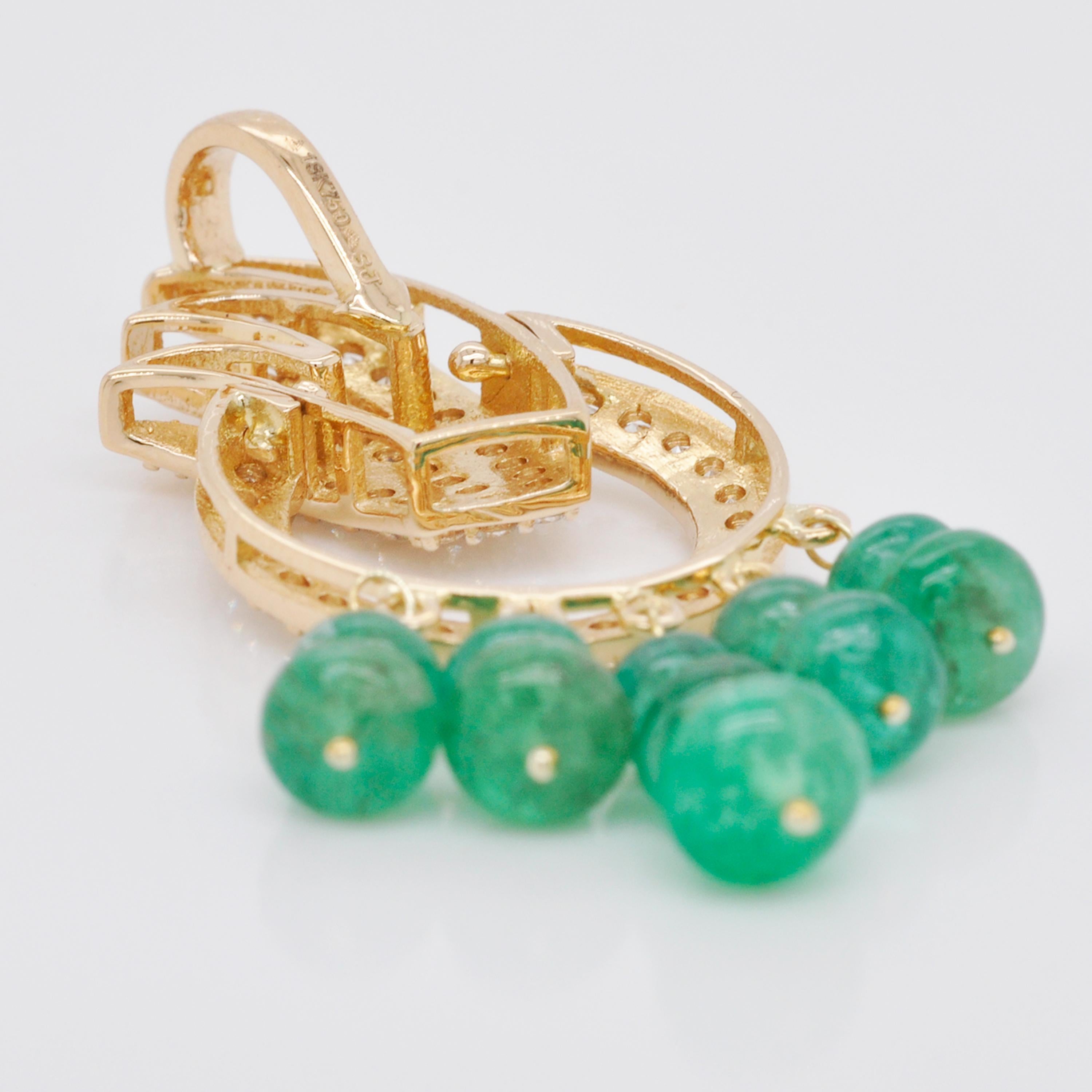 Contemporary 18 Karat Yellow Gold Diamond Emerald Beads Pendant Necklace Dangle Earrings Set For Sale