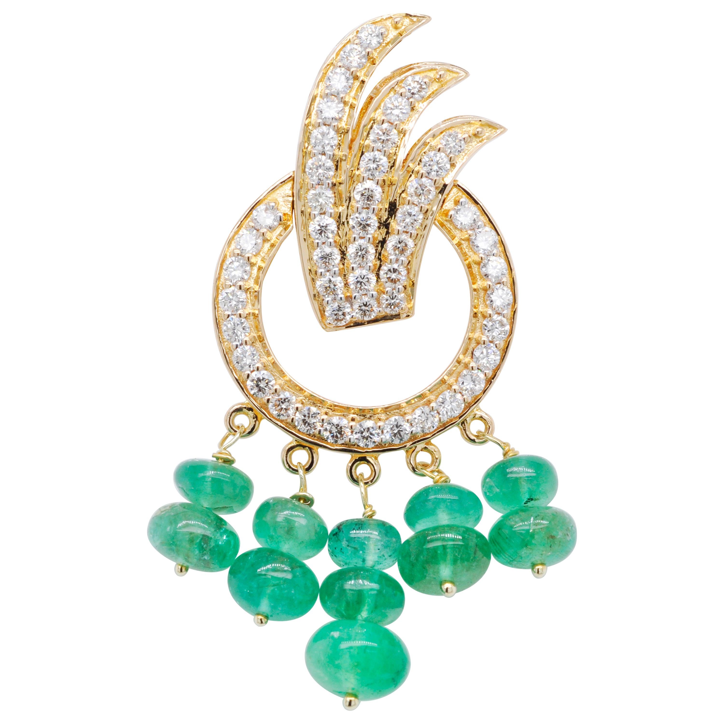 18 Karat Yellow Gold Diamond Emerald Beads Pendant Necklace Dangle Earrings Set In New Condition For Sale In Jaipur, Rajasthan