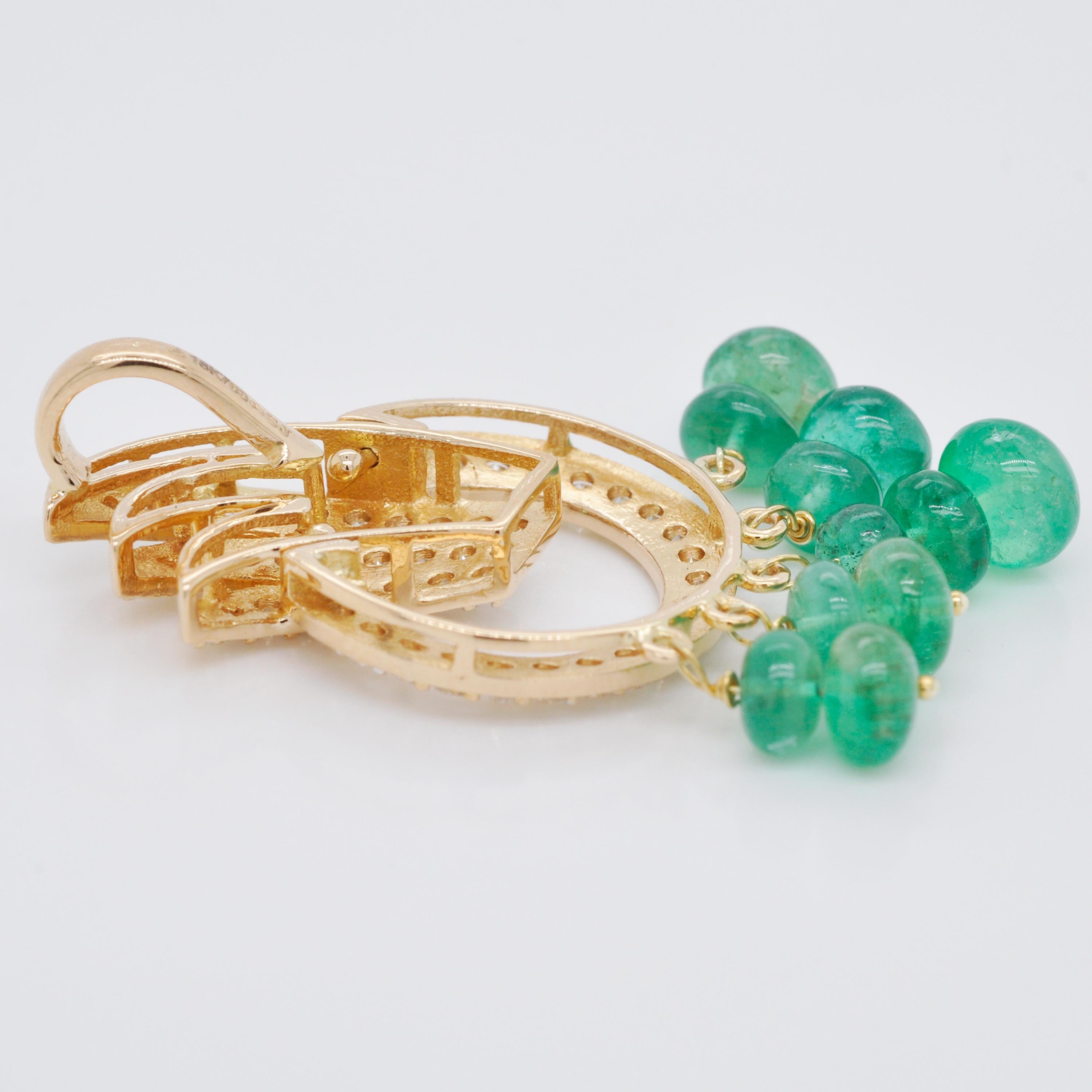 Women's 18 Karat Yellow Gold Diamond Emerald Beads Pendant Necklace Dangle Earrings Set For Sale