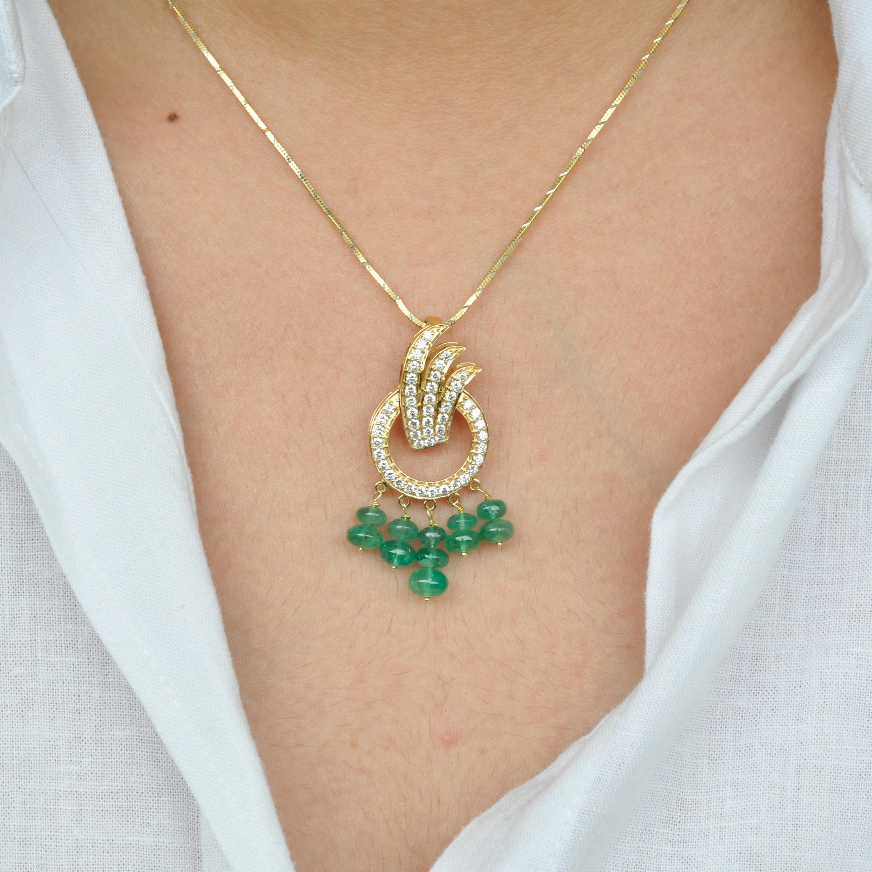 18 Karat Yellow Gold Diamond Emerald Beads Pendant Necklace Dangle Earrings Set For Sale 3