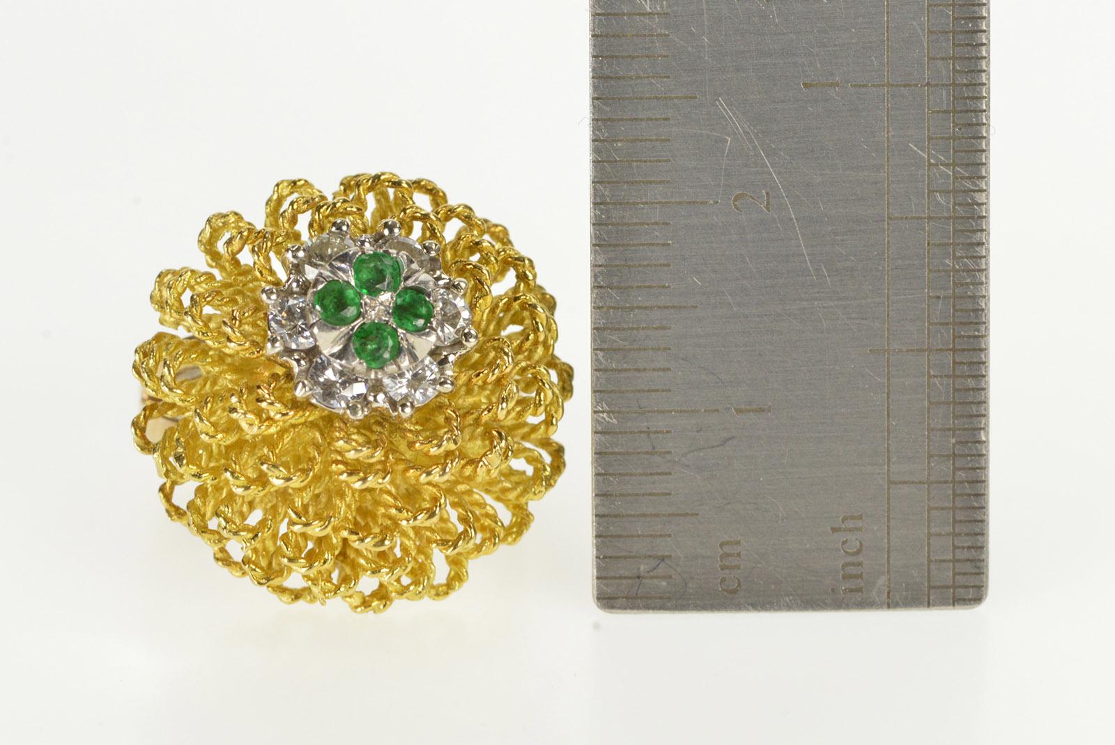 Round Cut 18 Karat Yellow Gold Diamond Emerald Floral Cocktail Ring For Sale