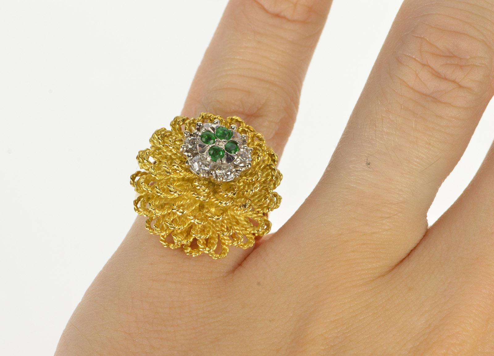 18 Karat Yellow Gold Diamond Emerald Floral Cocktail Ring In Good Condition For Sale In Frederick, MD