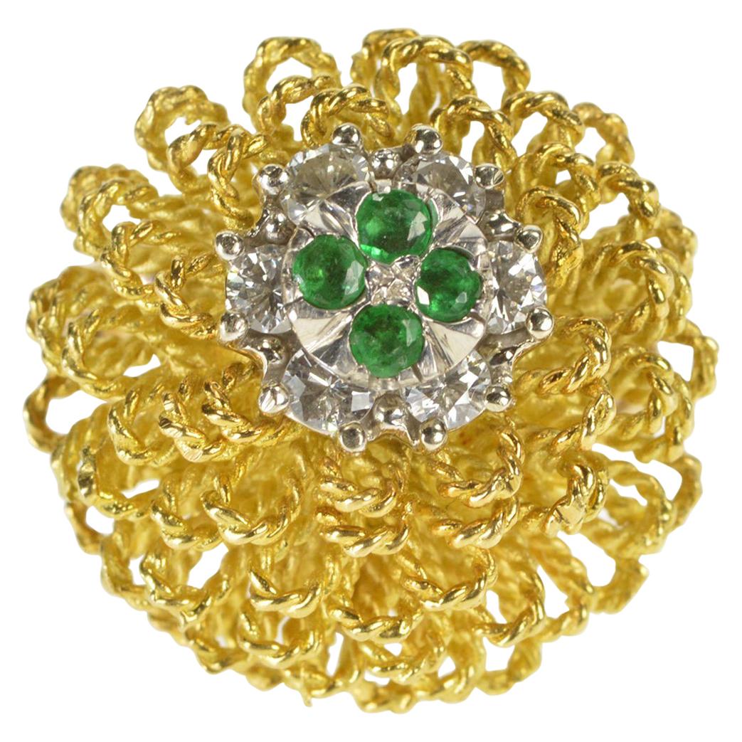 18 Karat Yellow Gold Diamond Emerald Floral Cocktail Ring For Sale