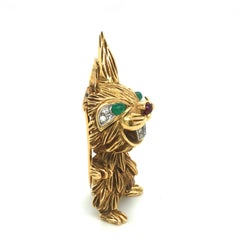 18 Karat Yellow Gold Diamond Emerald Ruby Rabbit Brooch, 1960s after Kutchinsky
