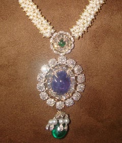 18 Karat Yellow Gold, Diamond, Emerald, Tanzanite & Pearl Sautoir