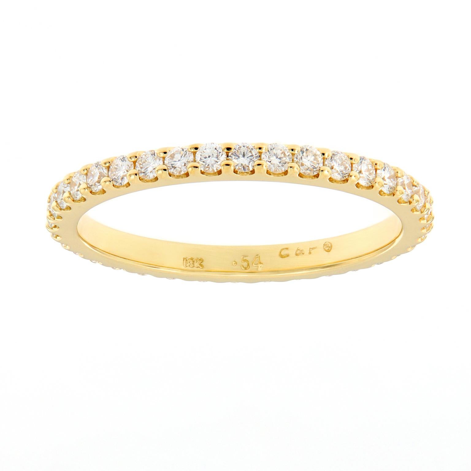You cannot go wrong with this eternally classic ring crafted in 18k yellow gold with 34 round brilliant cut diamonds = 0.54 Cttw. Ring is great for wearing alone, stacking and would also beautifully complement an engagement ring. Size 6 but can be