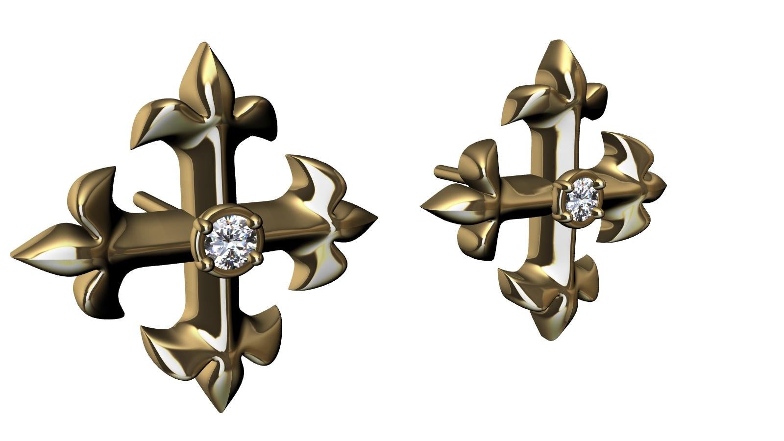 18 Karat Yellow Gold  West 46 Cross Stud Earrings,  This Fleur de Lis Cross is inspired from a stain glass window from a church on west 46th street, NYC. The royal stylized lily made of 3 petals  is known from the former Royals of Arms of France. In