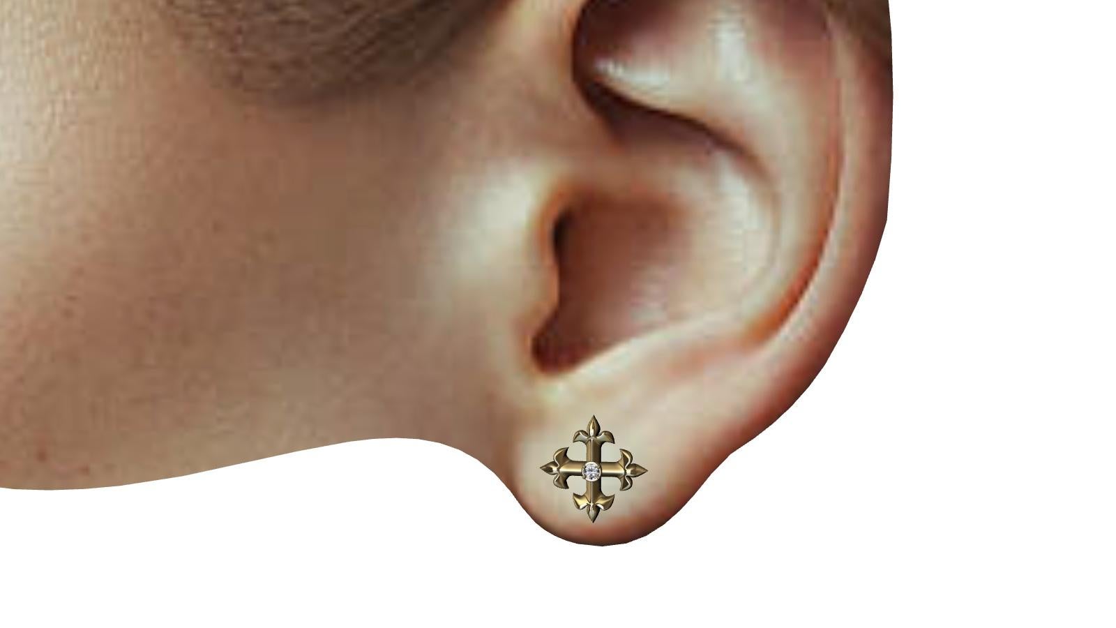 Round Cut 18 Karat Yellow Gold Diamond Fleur-de-Lis Cross Stud Earrings For Sale