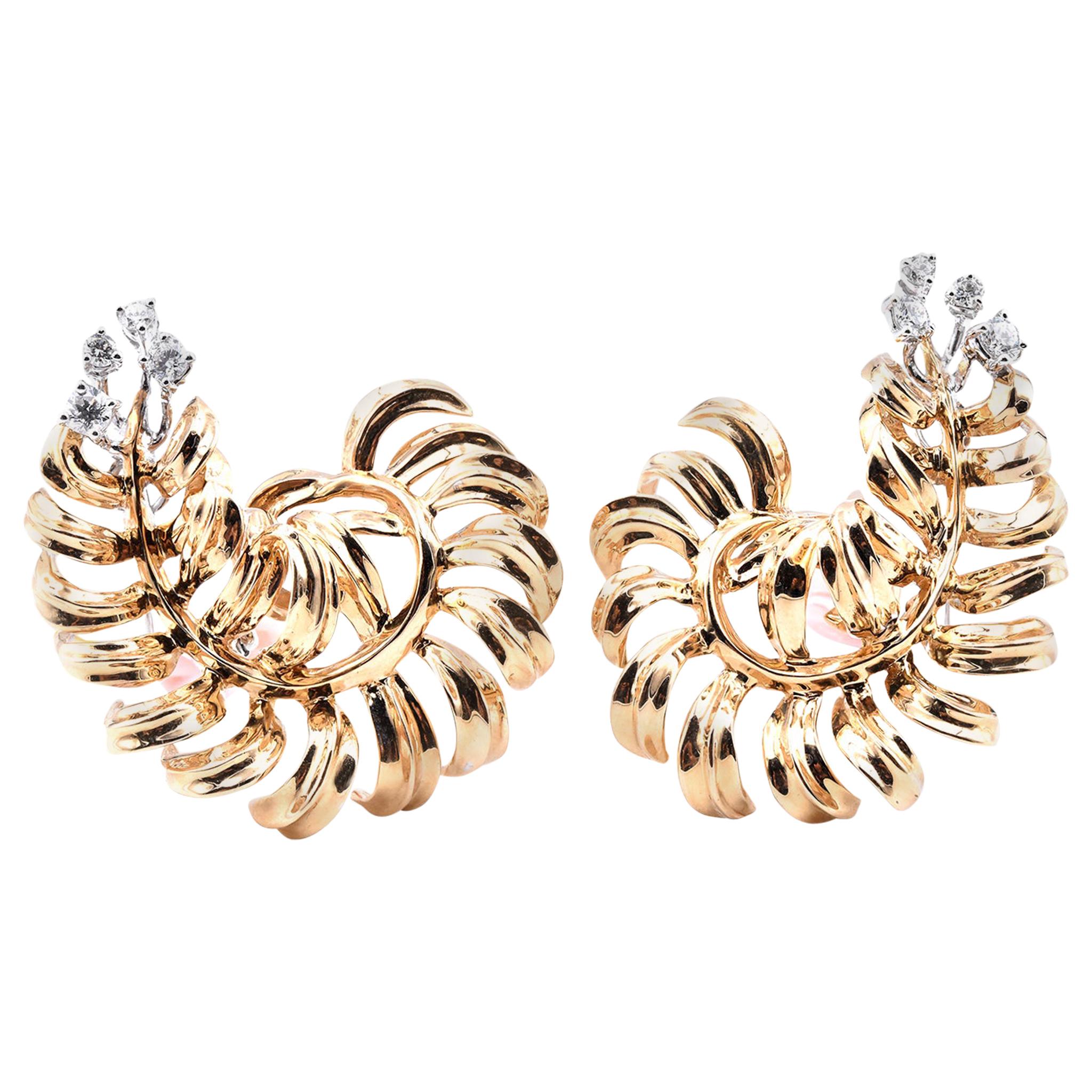 18 Karat Yellow Gold Diamond Floral Leaf Earrings
