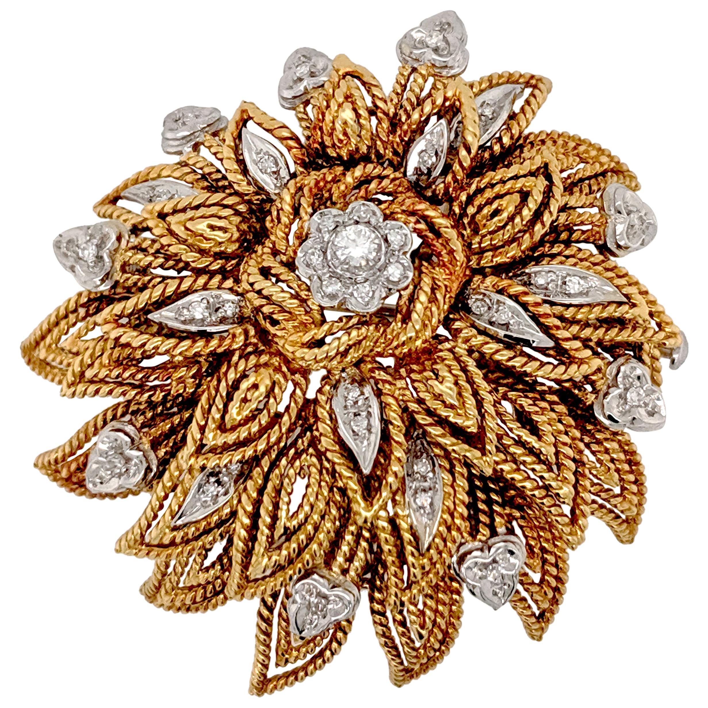 18 Karat Yellow Gold Diamond Flower Brooch