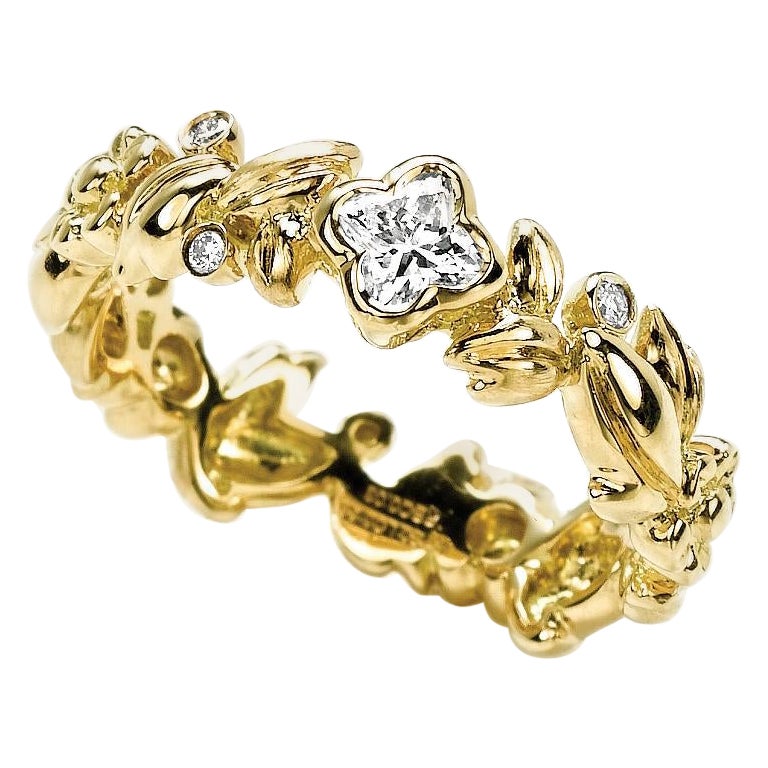 Bague à fleurs en or jaune 18 carats avec diamants de 0,28 carat au total