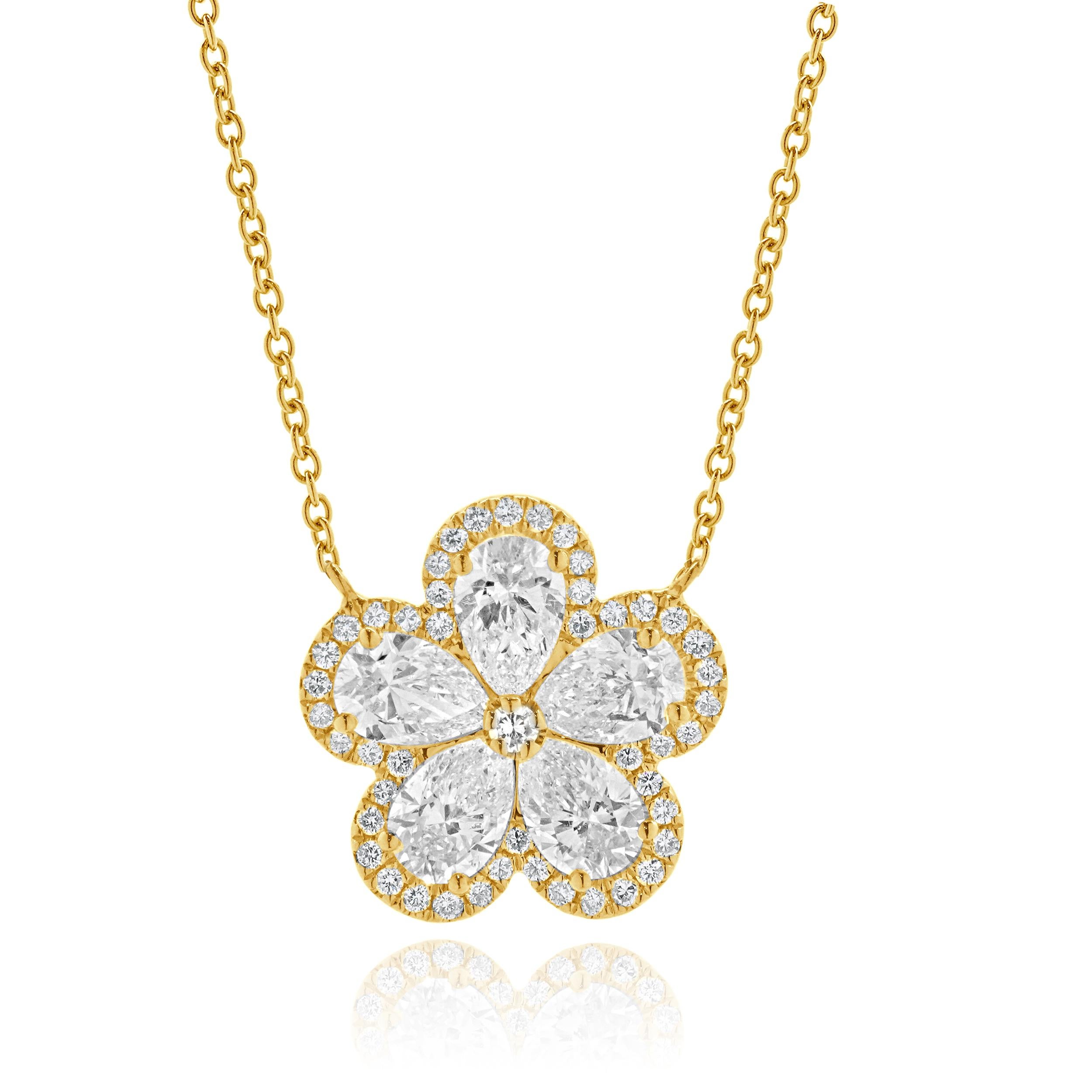Designer: custom design
Material: 18K yellow gold
Diamond: 5 pear cut = 2.10cttw
Color: I / J
Clarity: SI1
Diamond: 55 round brilliant cut = 0.60cttw
Color: G
Clarity: VS1-2
Dimensions: necklace measures 18-inches in length
Weight: 5.63 grams
