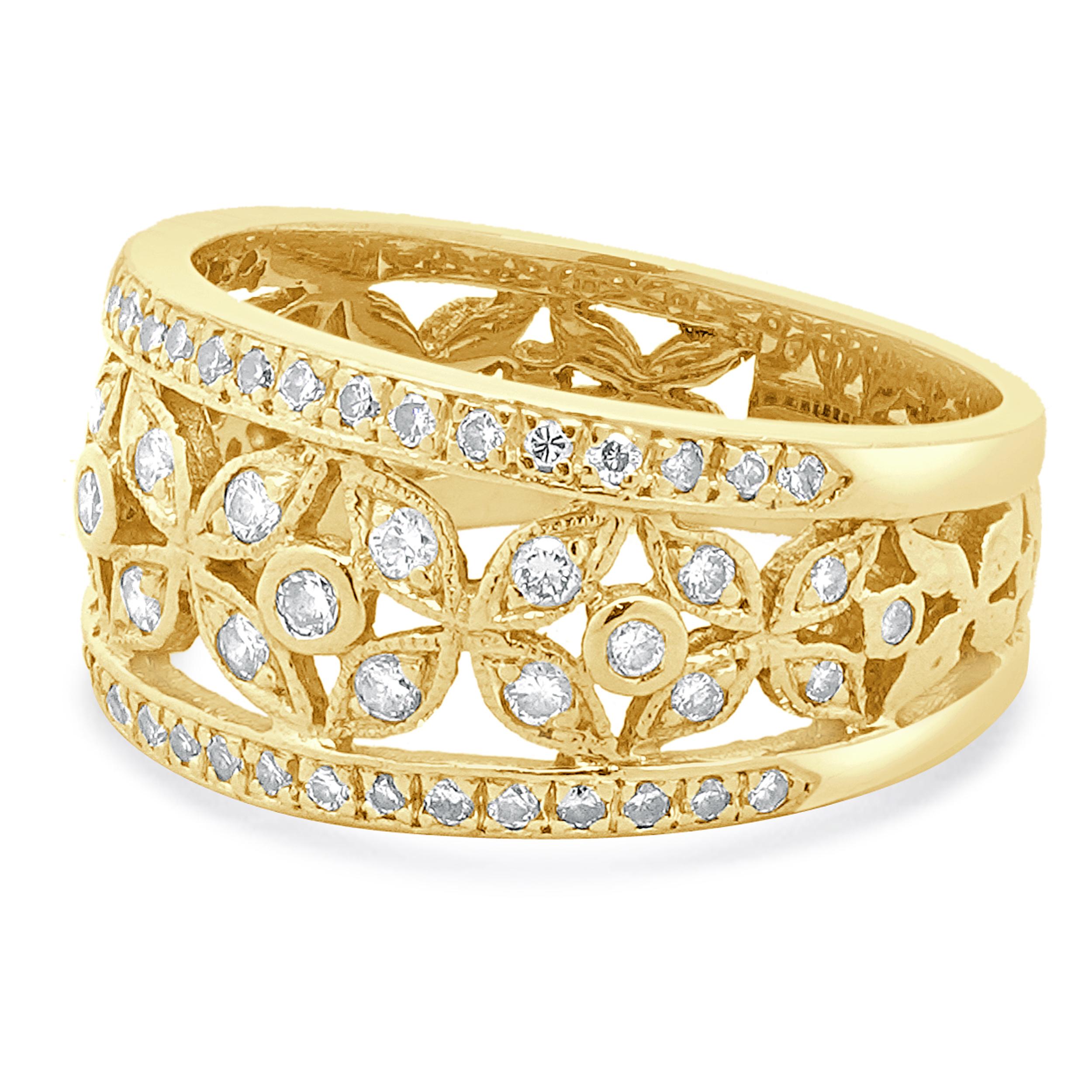 Material: 18K yellow gold
Diamond: 68 round brilliant cut = 0.70cttw
Color: H
Clarity: SI1
Ring Size: 6 (please allow up to 2 additional business days for sizing requests)
Weight: 5.10 grams
