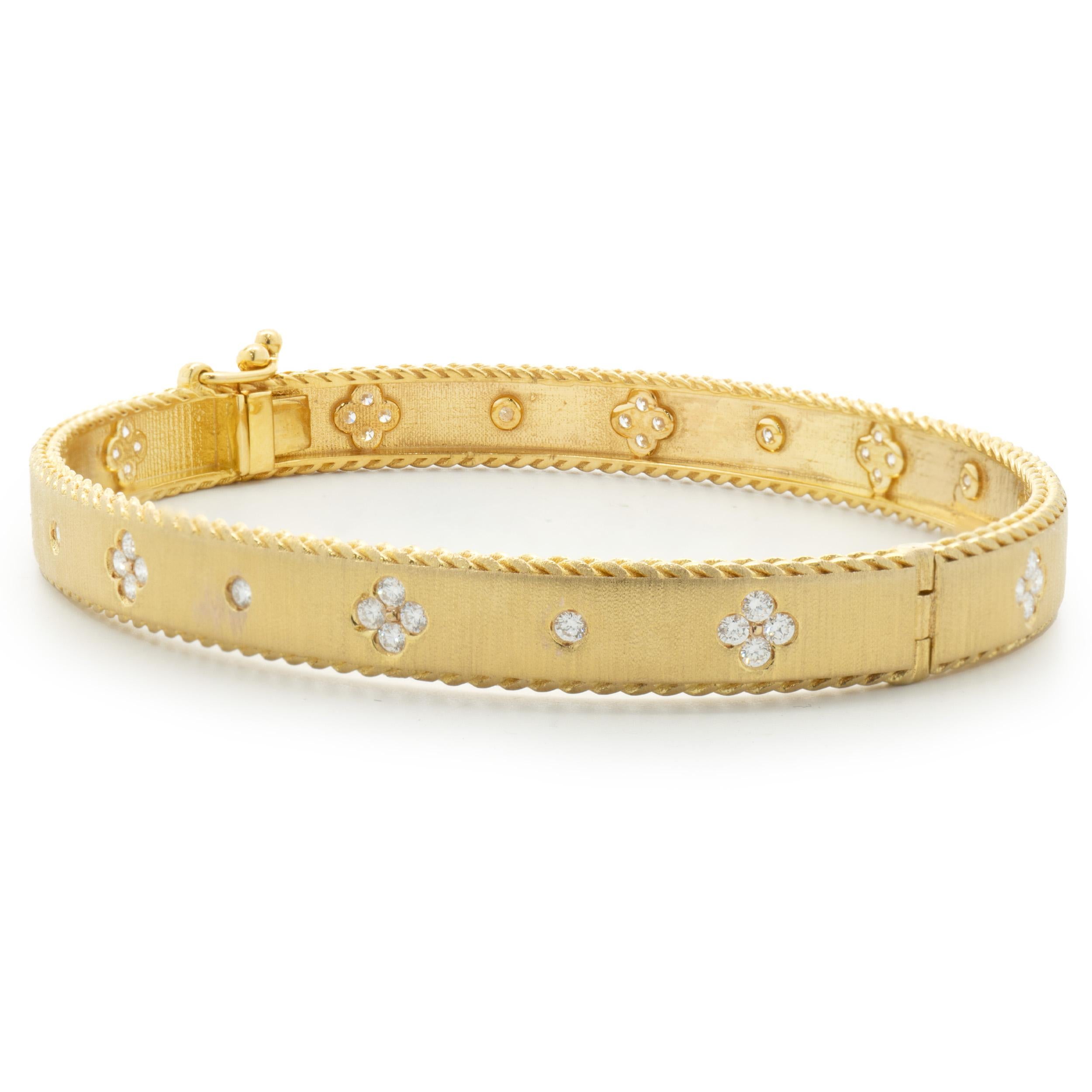 Designer: custom design
Material: 18K yellow gold
Diamonds: 48 round brilliant cut = 1.00cttw
Color: G 
Clarity: VS1-2
Dimensions: bracelet measures 7-inches in diameter 
Weight: 13.33 grams
