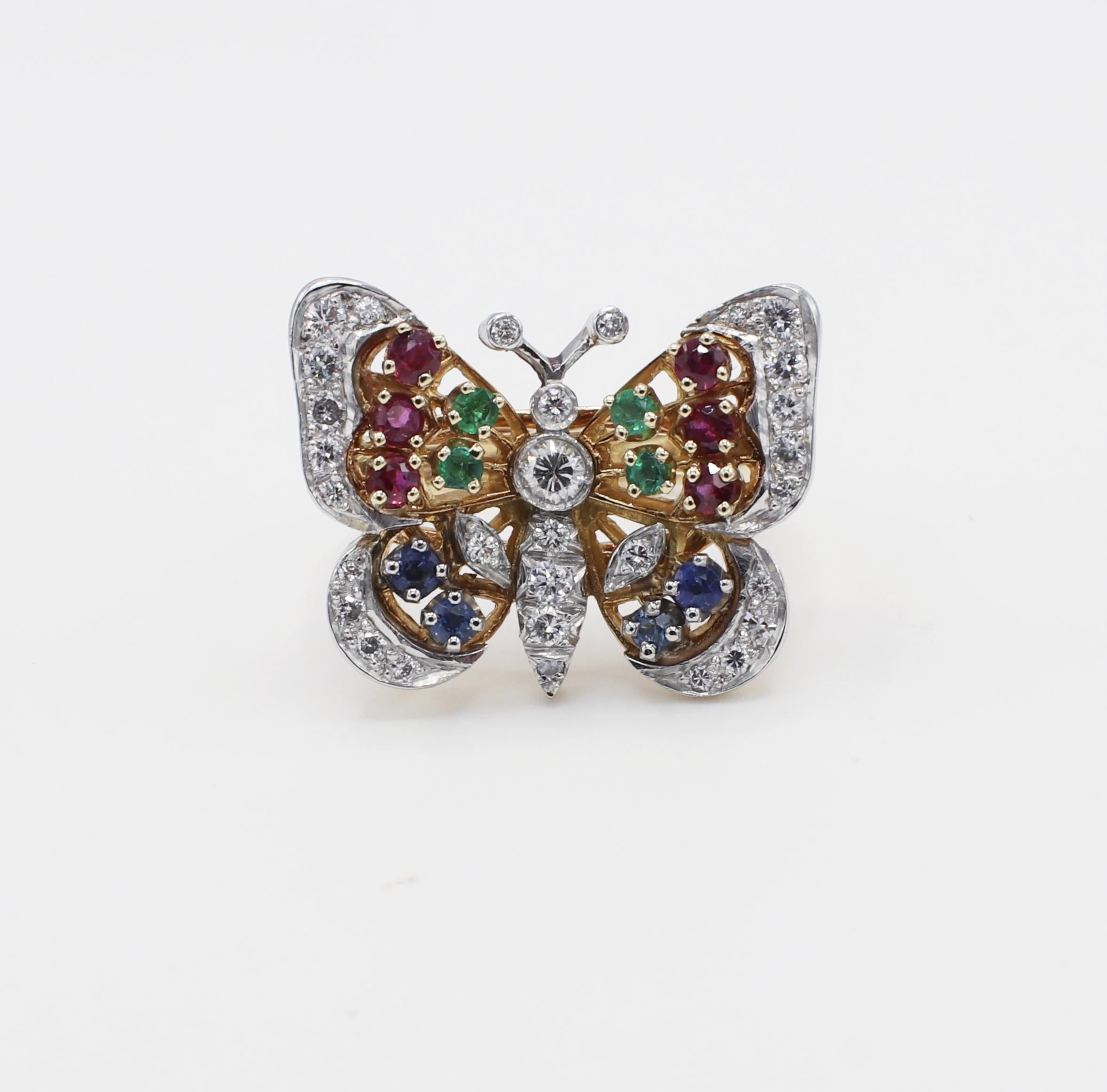 18K Yellow Gold Diamond, Ruby, Sapphire & Emerald Butterfly Cocktail Ring Size 6.5
Metal: 18k yellow gold
Weight: 8.60 grams
Diamonds: 31 round brilliant cut diamonds, approx. .60 CTW G-H VS
Top of ring measures 22 x 16.5MM
Size: 6.5 (US)
