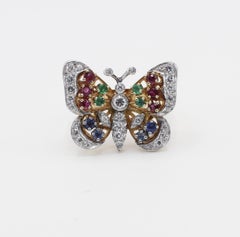 18 Karat Yellow Gold Diamond and Gemstone Butterfly Cocktail Ring