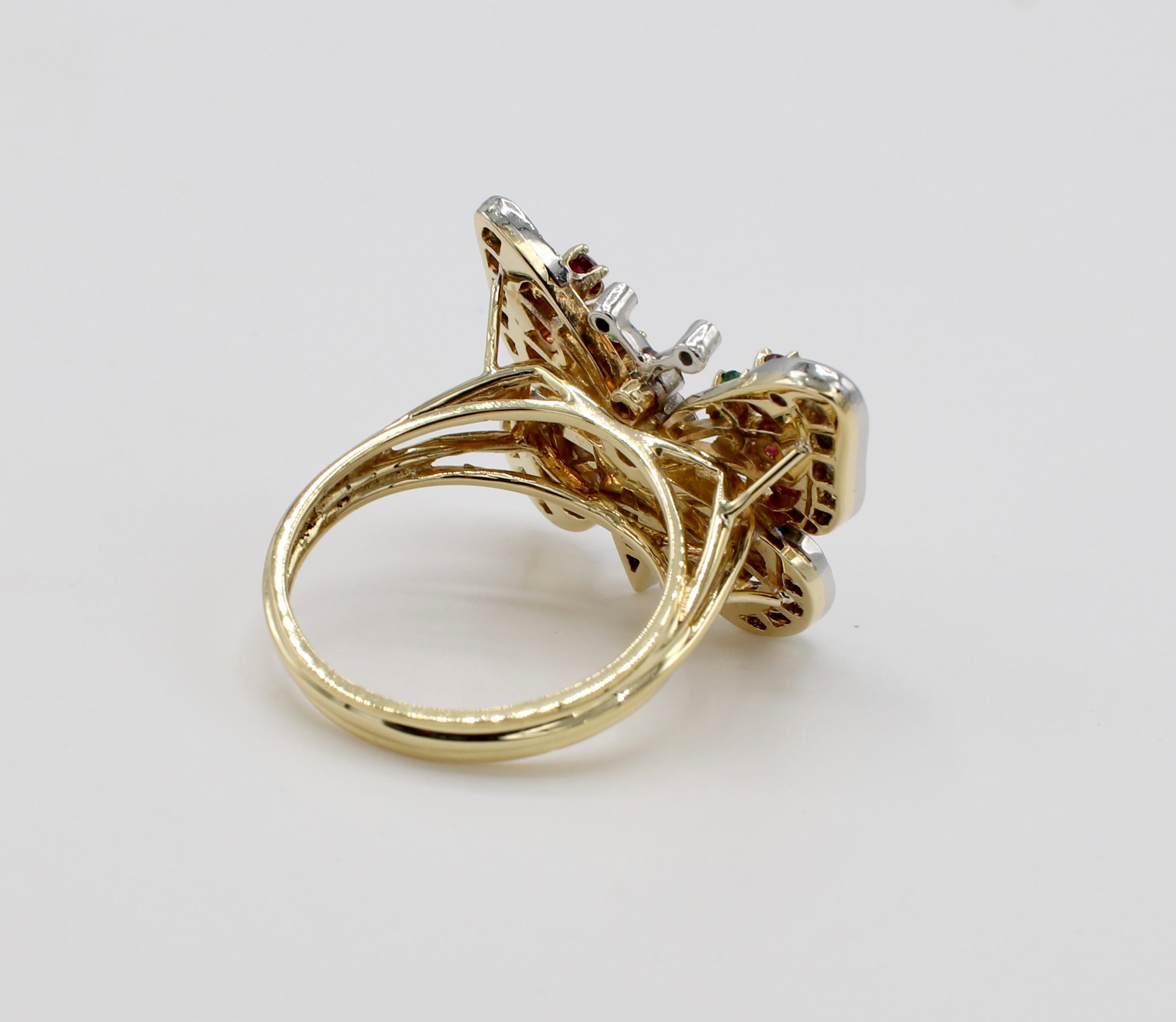 Round Cut 18 Karat Yellow Gold Diamond and Gemstone Butterfly Cocktail Ring