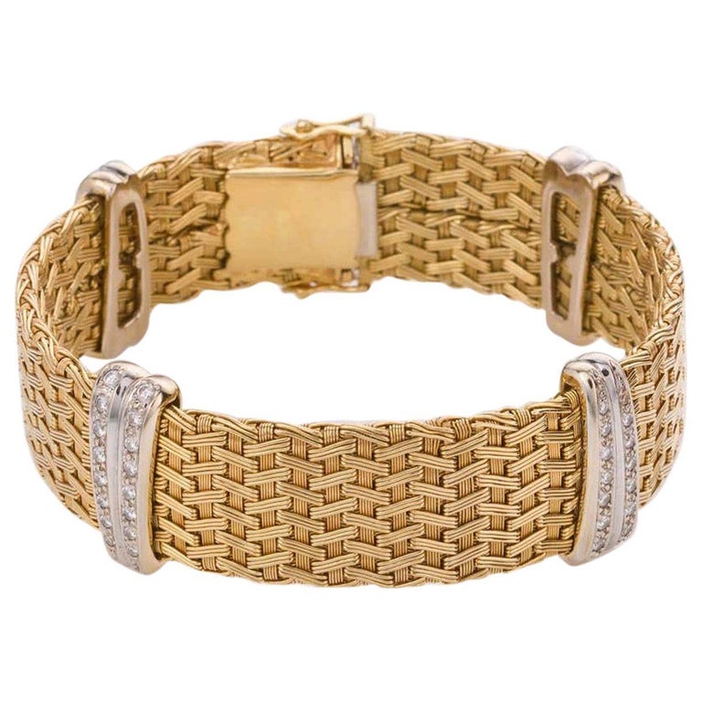 18 Karat Yellow Gold and Diamond German Crafted Woven Flexible Bracelet