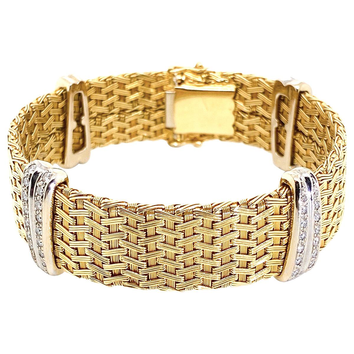 18 Karat Yellow Gold & Diamond German Crafted Woven Flexible Bracelet In Excellent Condition In QLD , AU
