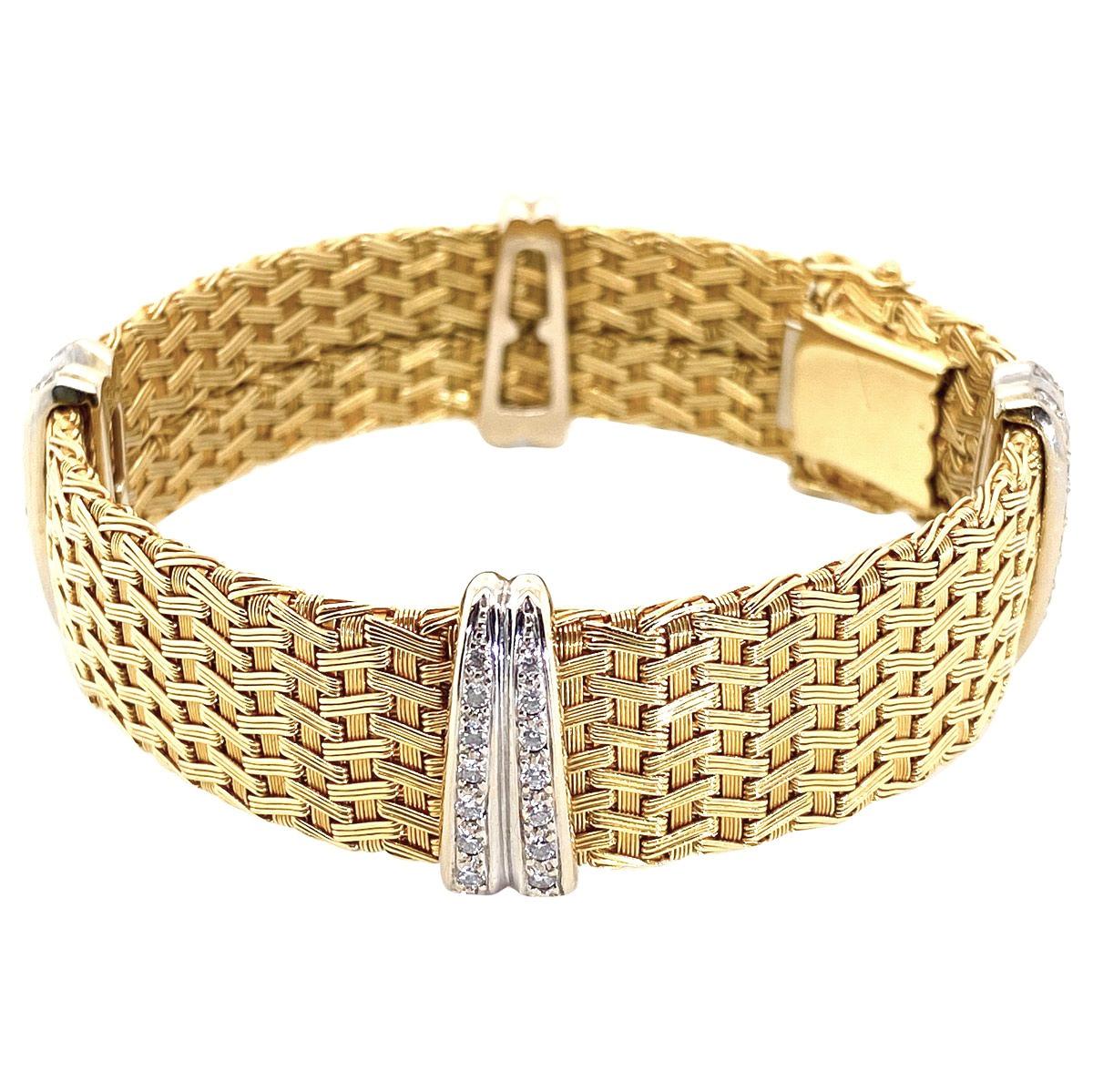 Women's 18 Karat Yellow Gold & Diamond German Crafted Woven Flexible Bracelet
