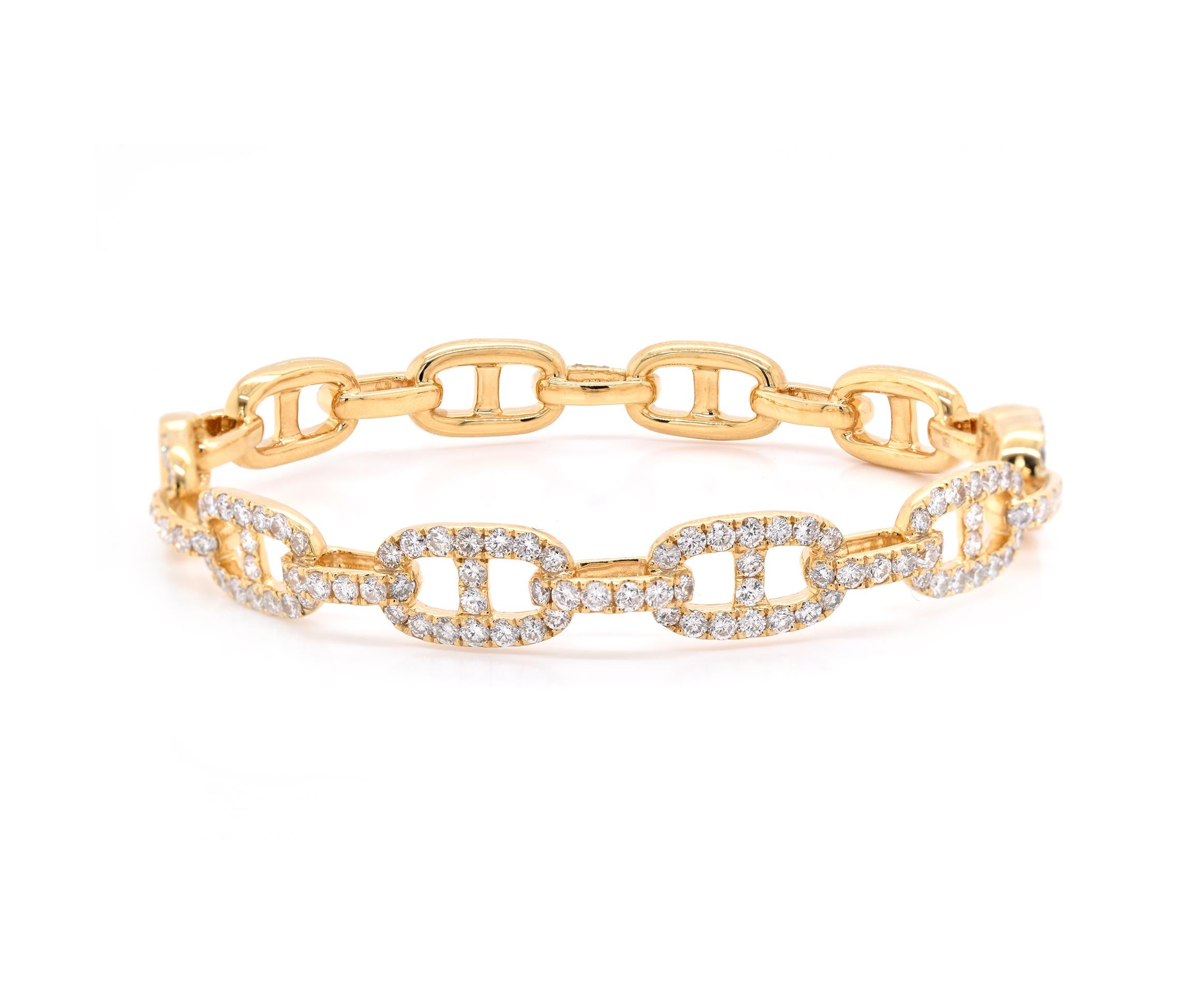Material: 18K yellow gold
Diamonds:  106 round cut = 3.00cttw
Color: G
Clarity: VS
Dimensions: bracelet will fit up to a 6.5-inch wrist 
Weight: 28.17 grams