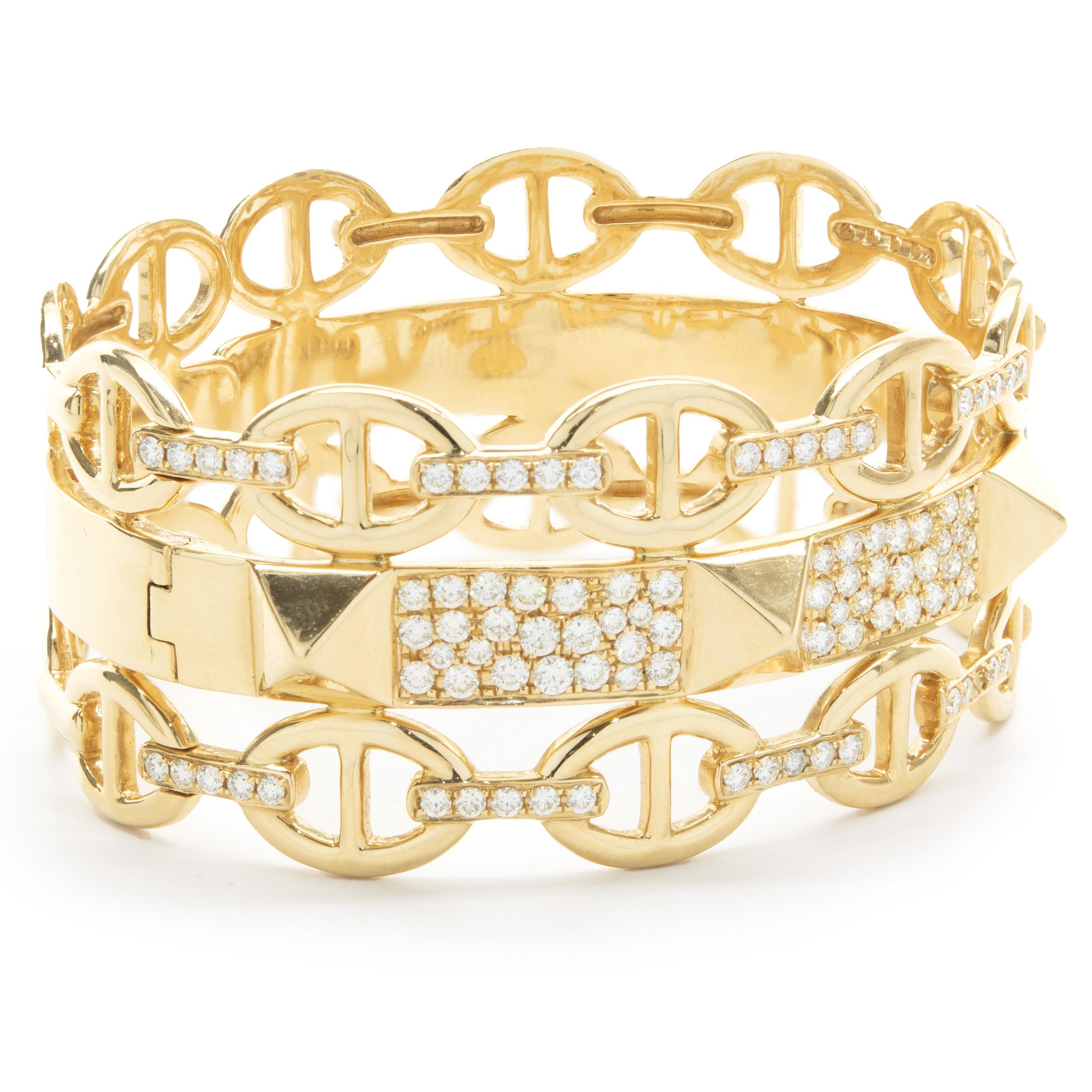 Material: 18K yellow gold
Diamonds: 135 round cut = 2.38cttw
Color: G
Clarity: VS
Dimensions: bracelet will fit up to a 7.5-inch wrist
Weight: 50.02 grams