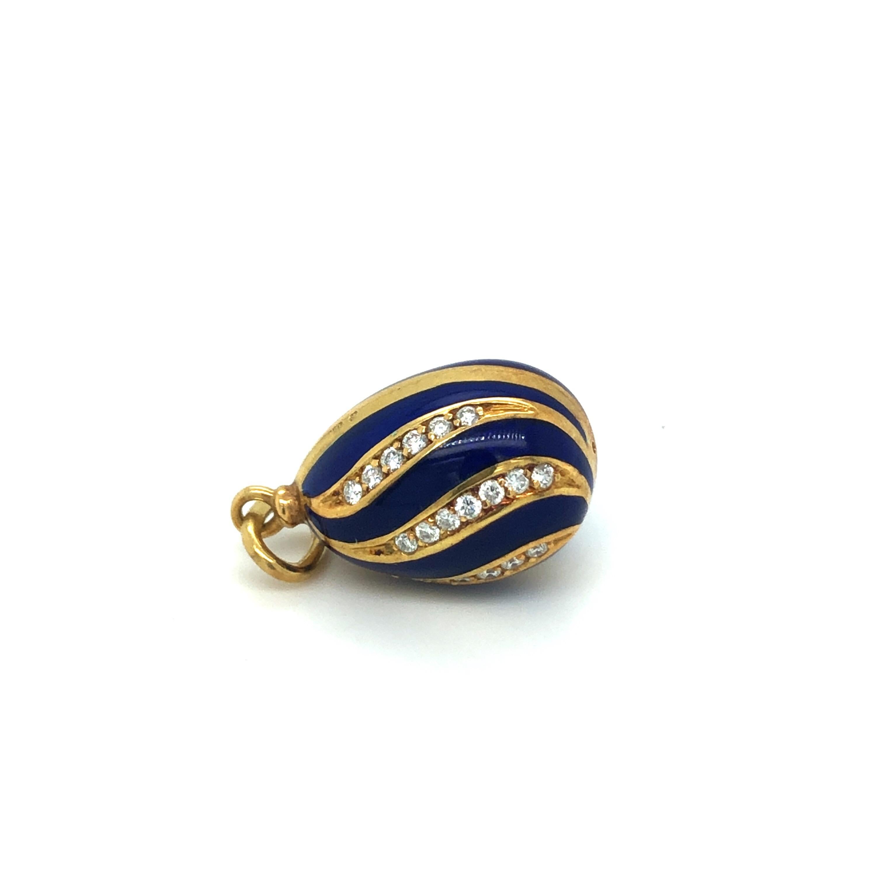 Russian Revival 18 Karat Yellow Gold Diamond Guilloché Blue Enamel Fabergé Egg Charm/Pendant